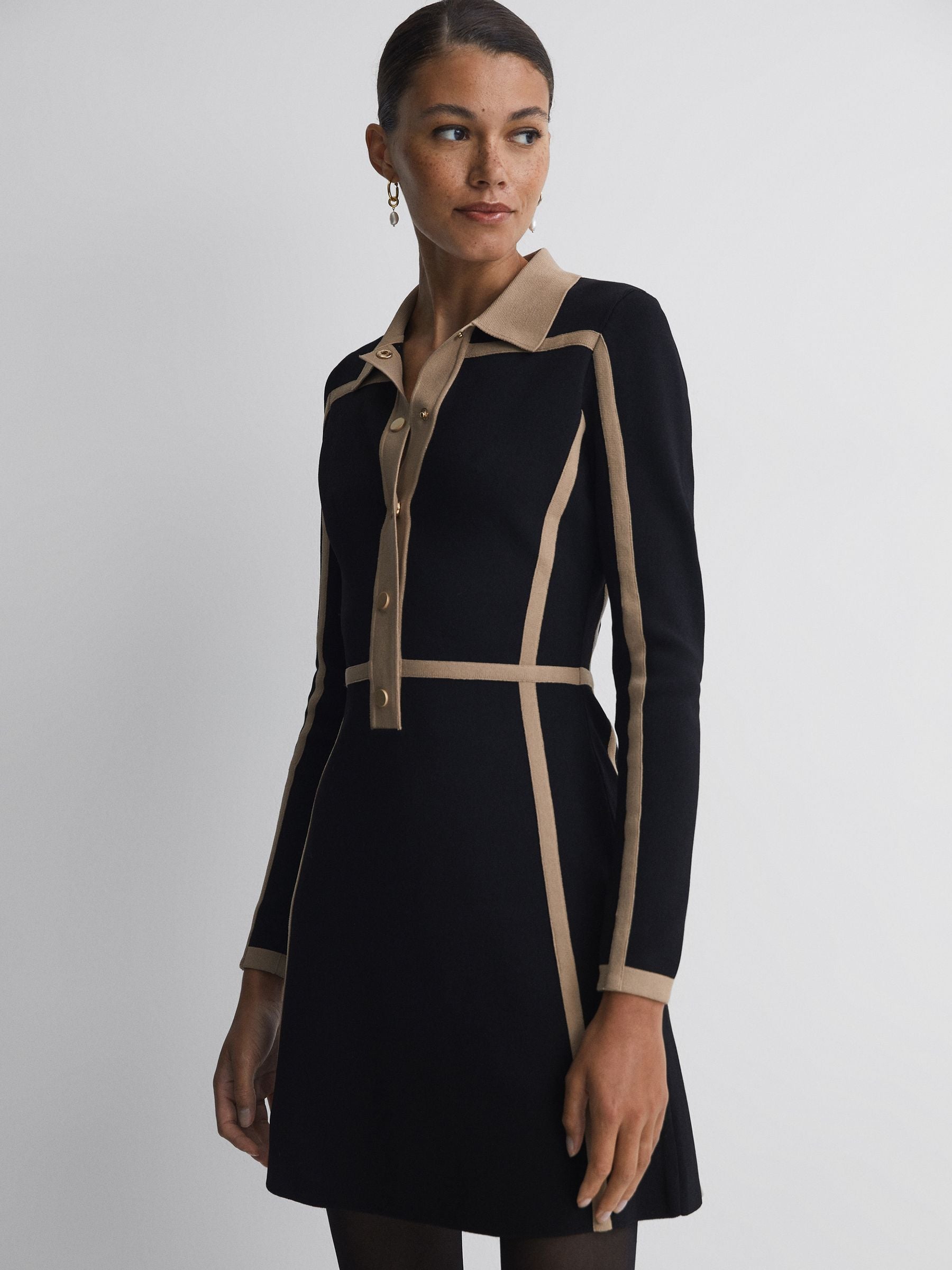 Black & Camel Contrast Trim Press Stud Mini Dress - Stylish & Flattering for Night Out, Party, or Date Night