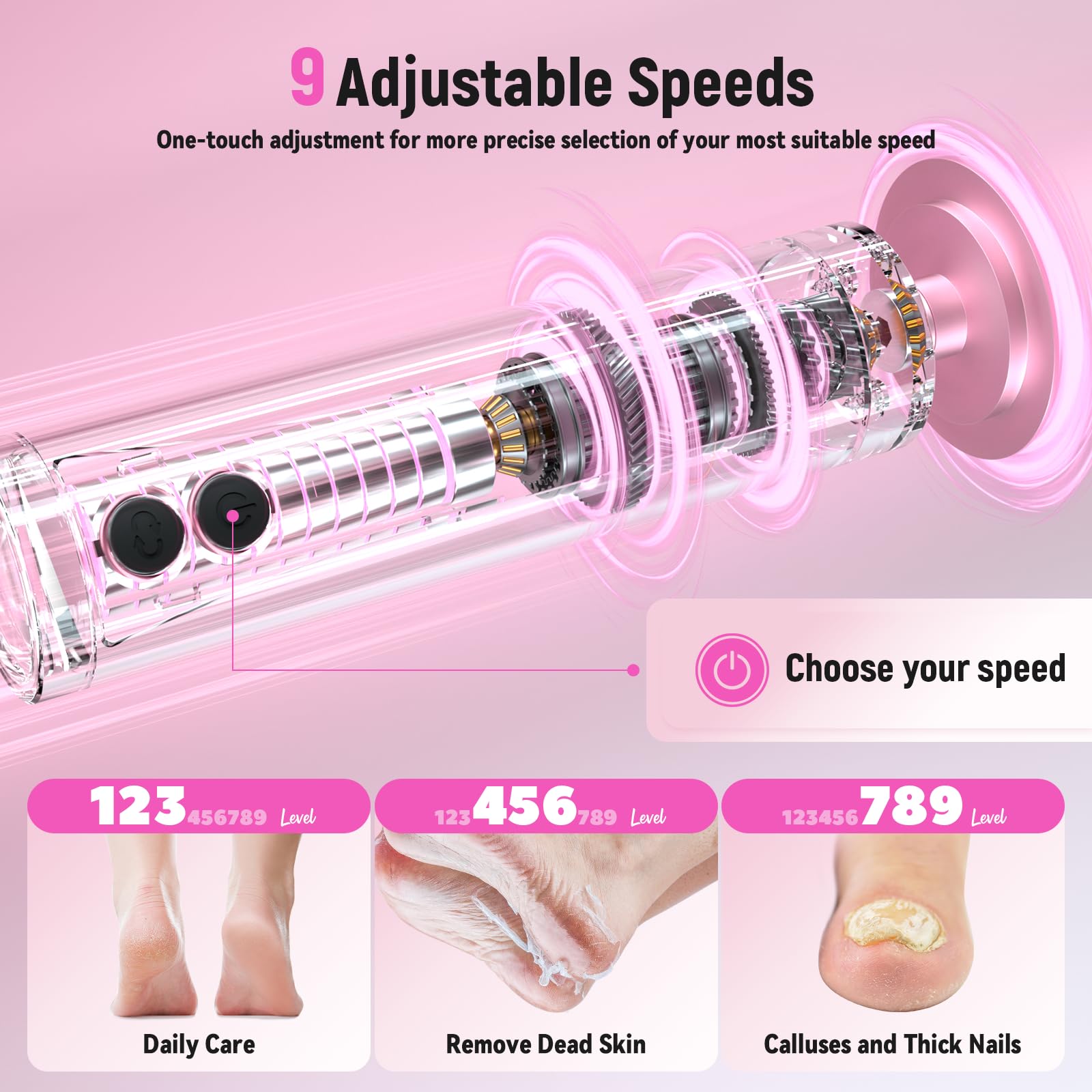 Electric Callus Remover for Feet - Rechargeable 9-Speed Adjustable Pedicure Tool with LED Display, 2-in-1 Foot File & Nail Polisher for Dry Dead Skin Removal (Rose Gold) - Perfect for At-Home Pedicures & Foot Care Routines