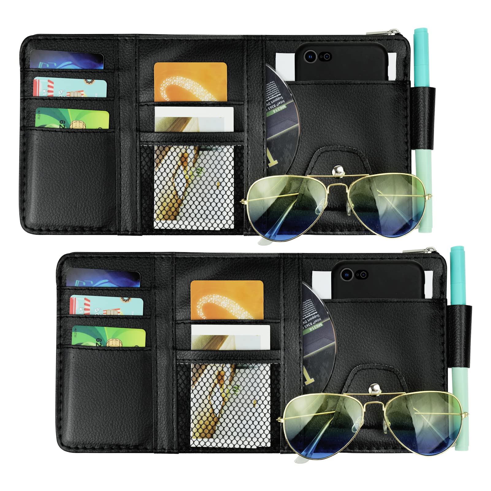 Premium Leather Car Sun Visor Organizer - 2 Pack Black Multi-Pocket Sunglass Holder & Storage Net with Zipper | Perfect for Car Interior Accessories, Road Trips & Daily Commute