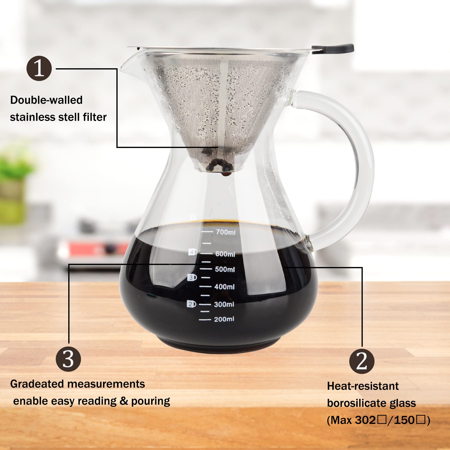 Premium Pour Over Coffee Maker with Reusable Stainless Steel Filter - 800ml BPA-Free Glass Carafe for Home & Office Use - Ideal for Specialty Coffee Brewing & Gift Giving