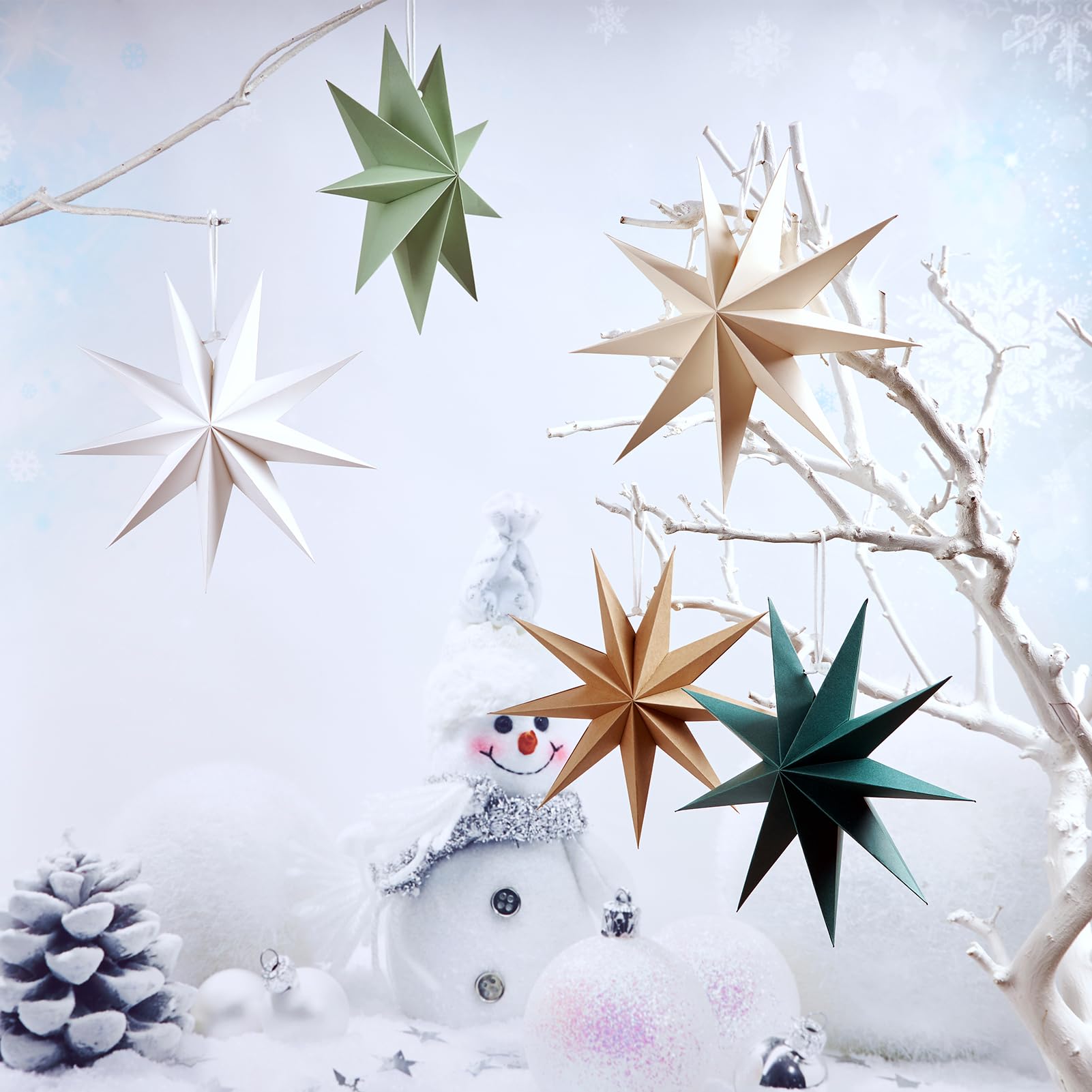 SUNBEAUTY 12 Inch Sage Green 9-Pointed Paper Star Lanterns - Christmas Hanging Lamp, Wedding Party Decor, Birthday Home Decoration for Indoor Outdoor Festive Events