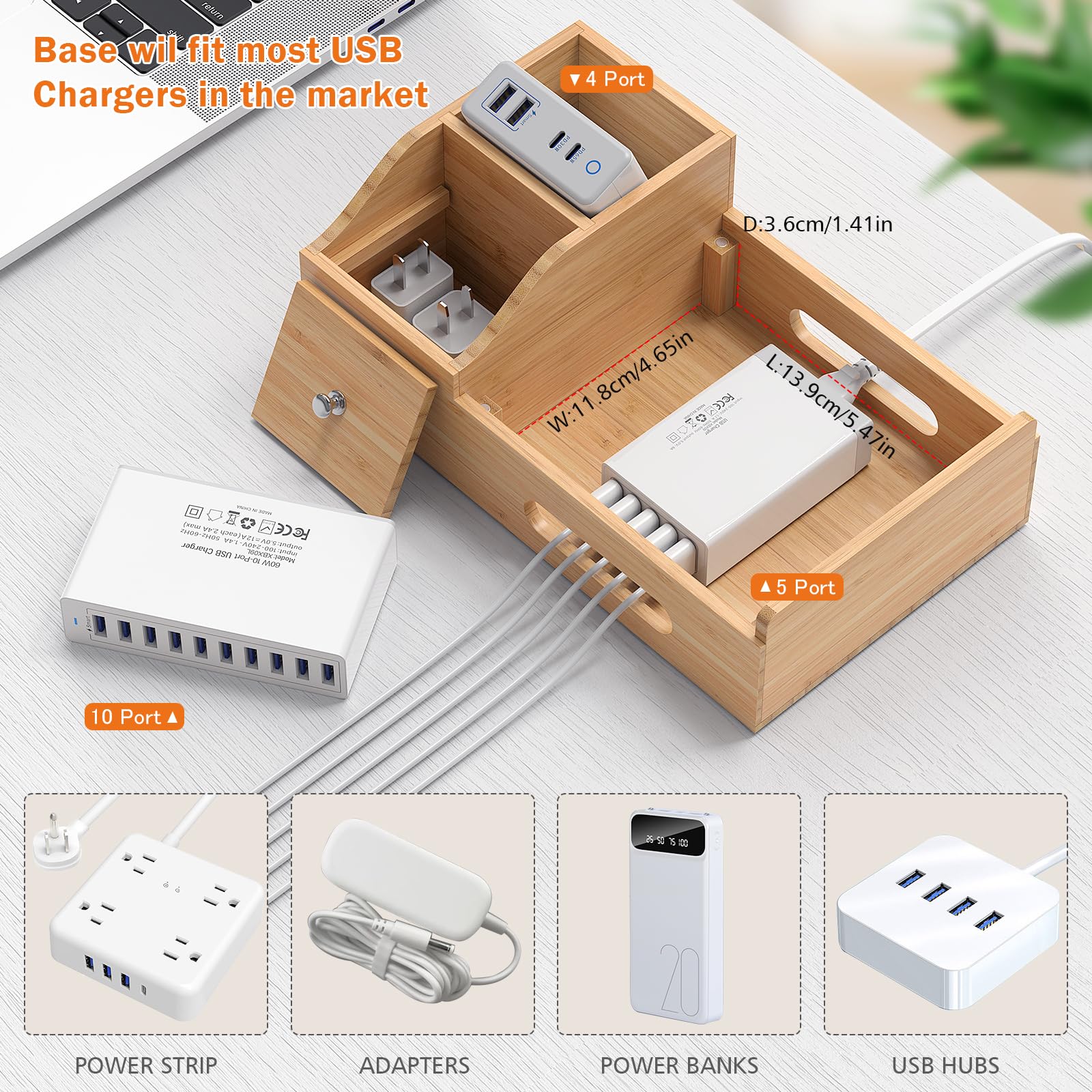 5-Port Bamboo Charging Station with USB Hub & Smart Watch Stand - Multi-Device Desktop Organizer for Phones, Tablets & Watches | Perfect for Home Office & Nightstand Charging