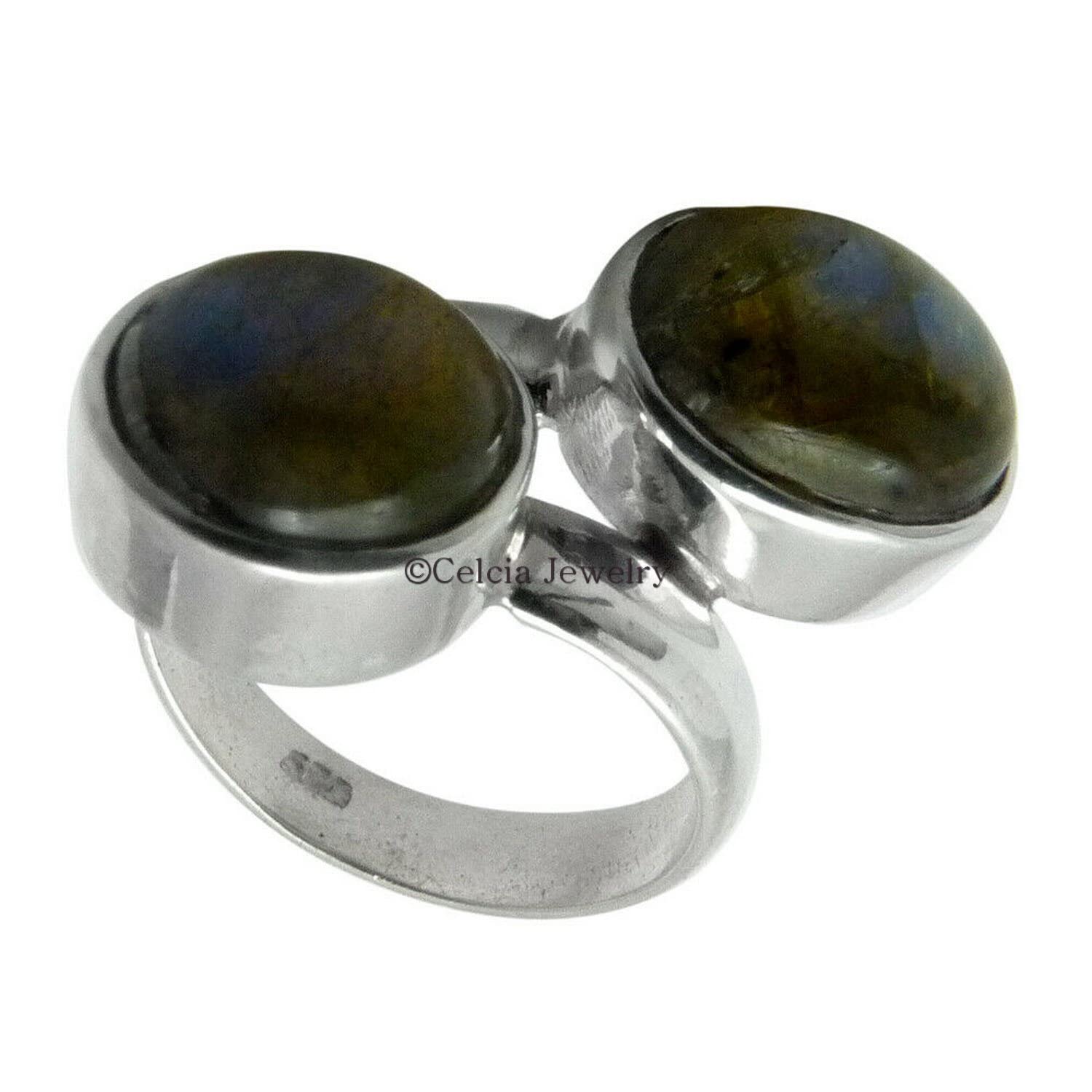 Genuine Labradorite Stackable Round Ring - 2 Stone Blue Fire Ring, Dainty Cocktail Ring, Bohemian Pinky Ring - June Birthstone Jewelry, Good Friday Gift (Size 7) - Perfect for Weddings, Parties & Everyday Boho Style