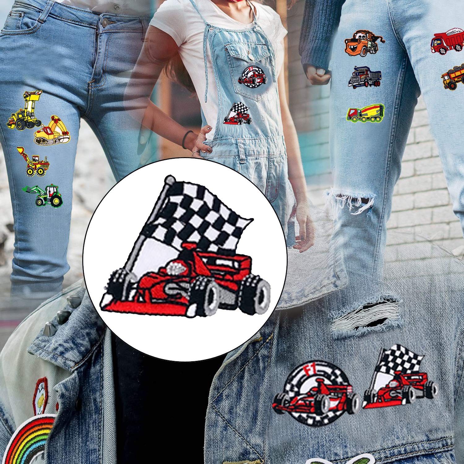Woohome 40-Piece Iron-On & Sew-On Car Patches Set - Excavator, Racing Car, Fire Truck Designs for DIY Crafts, Clothing, Jeans, Jackets & Bags Repair | Perfect for Kids' Projects, Costumes & Customizing Backpacks