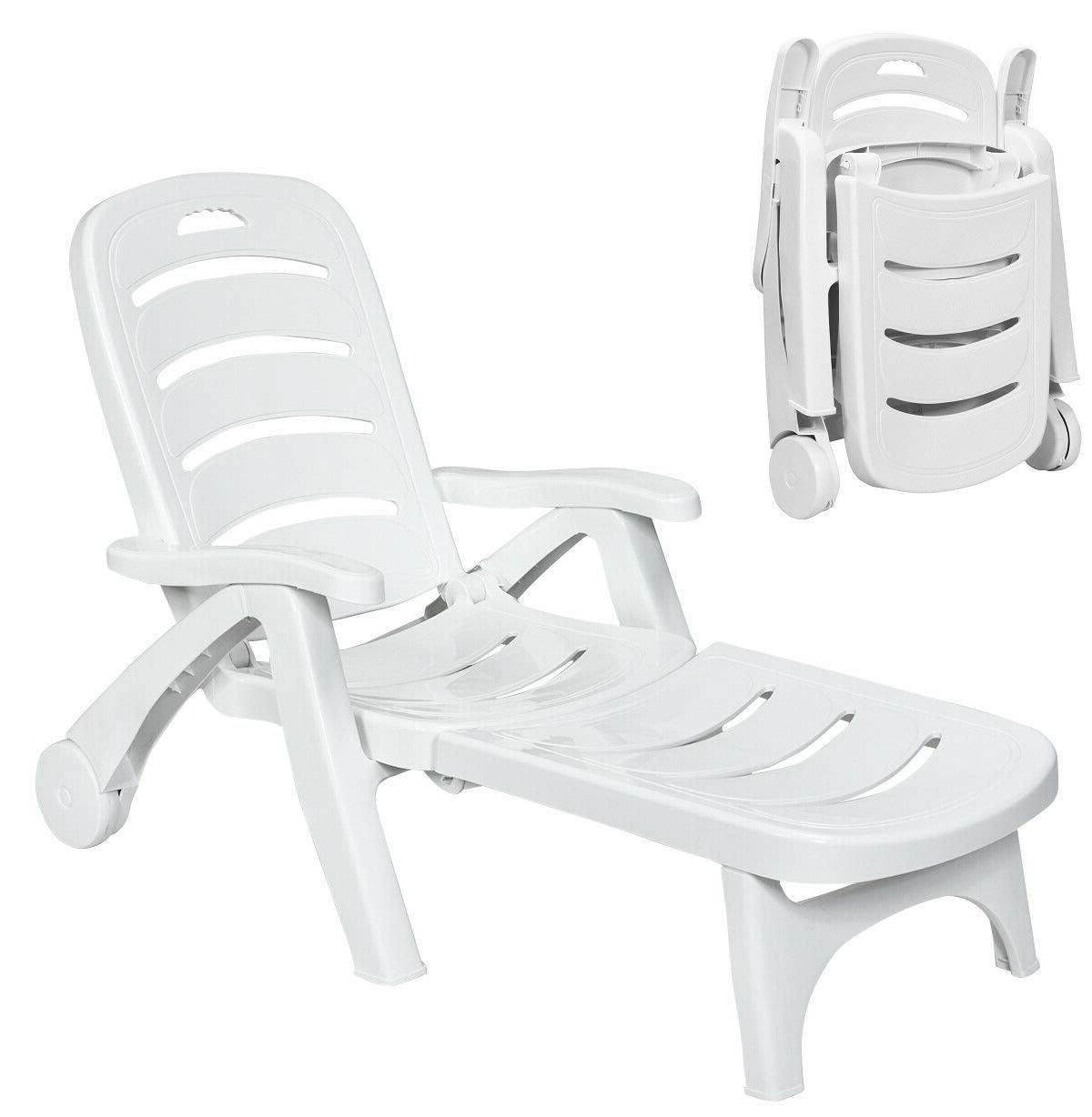 Foldable Patio Chaise Lounge Chair with Wheels - Lightweight Plastic Outdoor Recliner for Pool, Beach, Garden & Backyard Relaxation