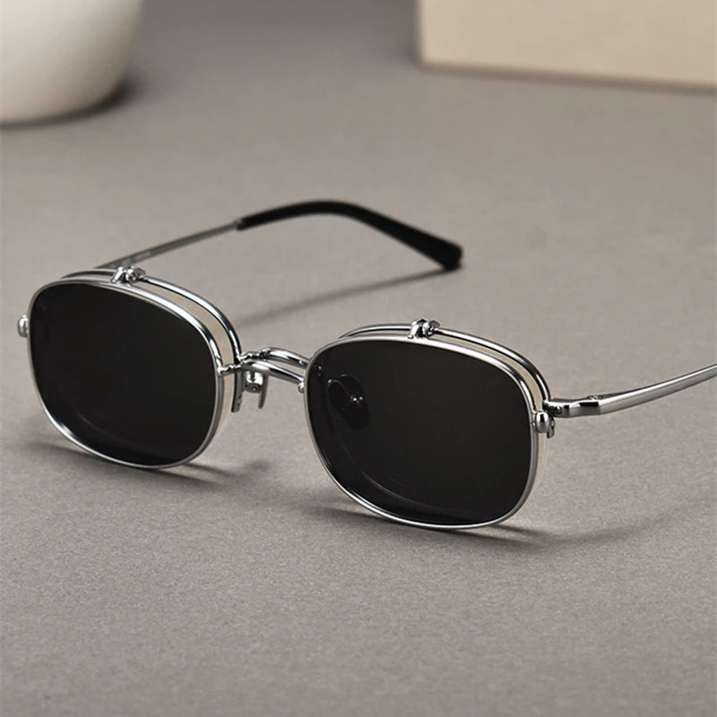 Unisex Black Semi-Rimless Rectangle Titanium Eyeglasses with Clip-On Sunglasses K15 - Stylish & Lightweight for Work, Driving, and Outdoor Activities