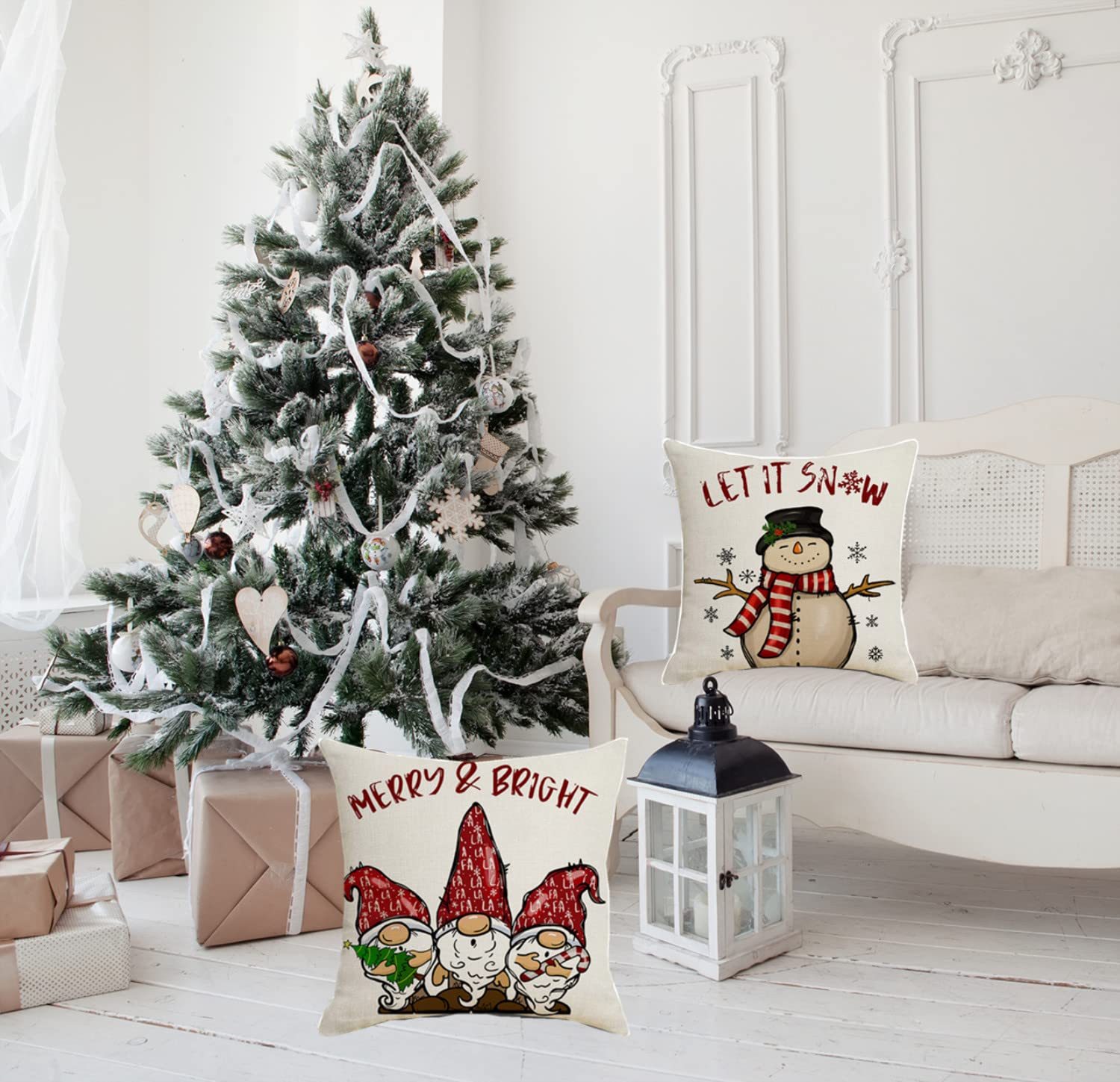 **18x18 Christmas Pillow Covers Set of 4 - Farmhouse Holiday Decor, Cotton Linen Throw Pillow Covers for Couch, Sofa & Outdoor Use - Perfect for Living Room, Porch & Seasonal Home Decor**