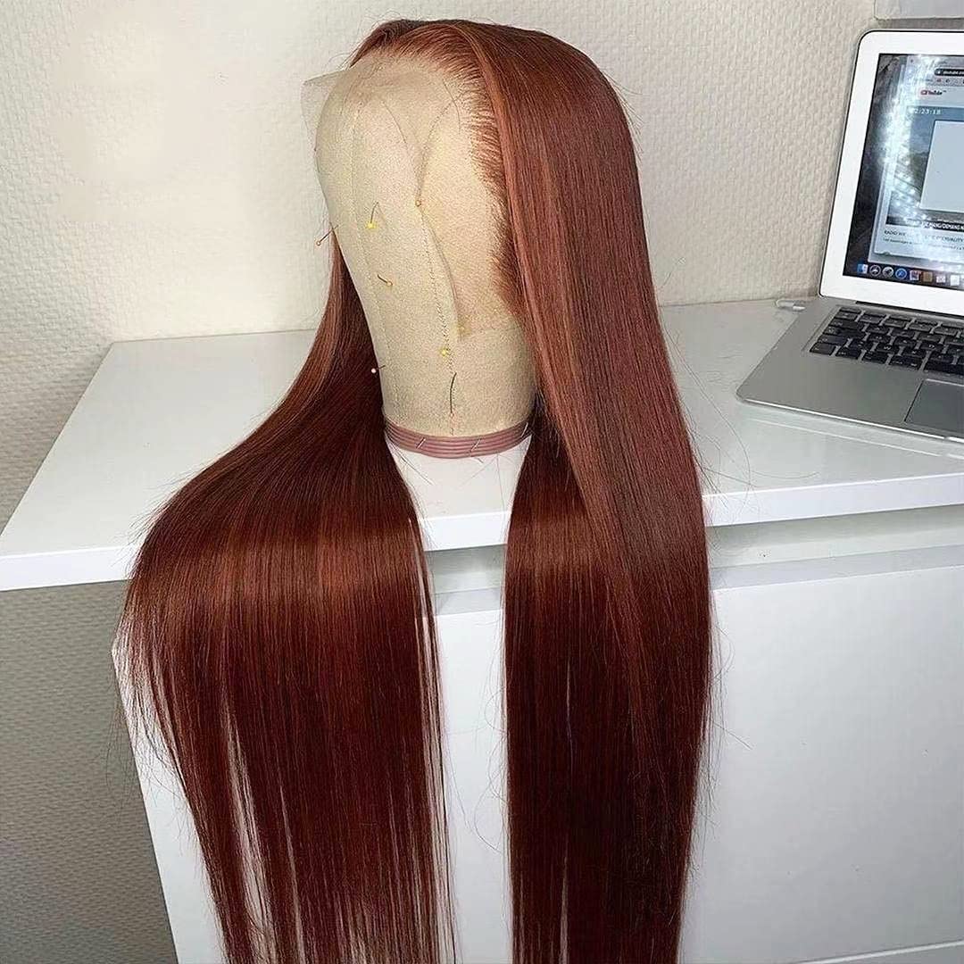 YMS 150% Density Straight Lace Front Wigs Human Hair - Auburn Reddish Brown 16 Inch Transparent Lace Frontal Wigs for Women | Perfect for Daily Wear, Cosplay & Special Occasions