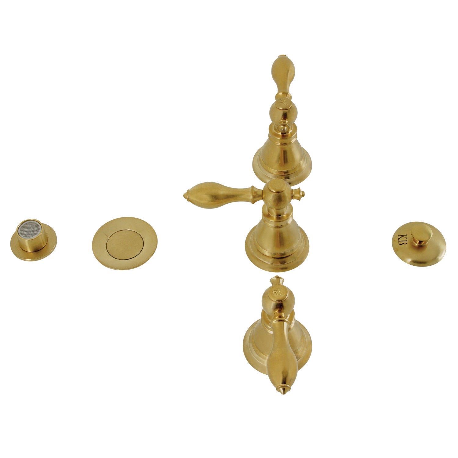 KB327ACL Brushed Brass 3-Handle Deck Mount Bidet Faucet with Vertical Spray & Brass Pop-Up - Perfect for Modern Bathrooms, Powder Rooms & Luxury Home Upgrades