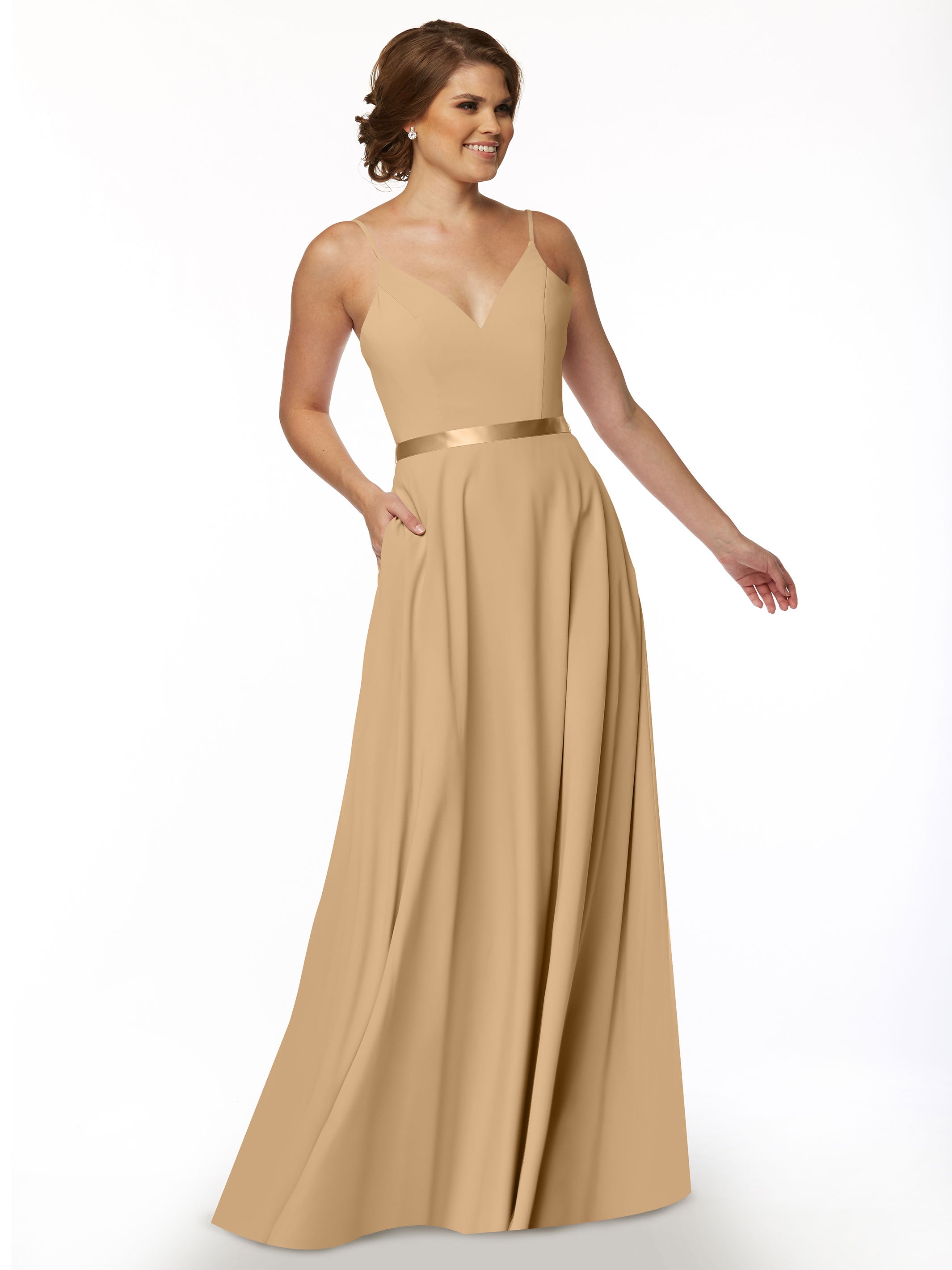 Elegant 80112 Spaghetti Strap Stretch Chiffon A-Line Bridesmaid Dress with Sash - Perfect for Weddings, Formal Events & Special Occasions