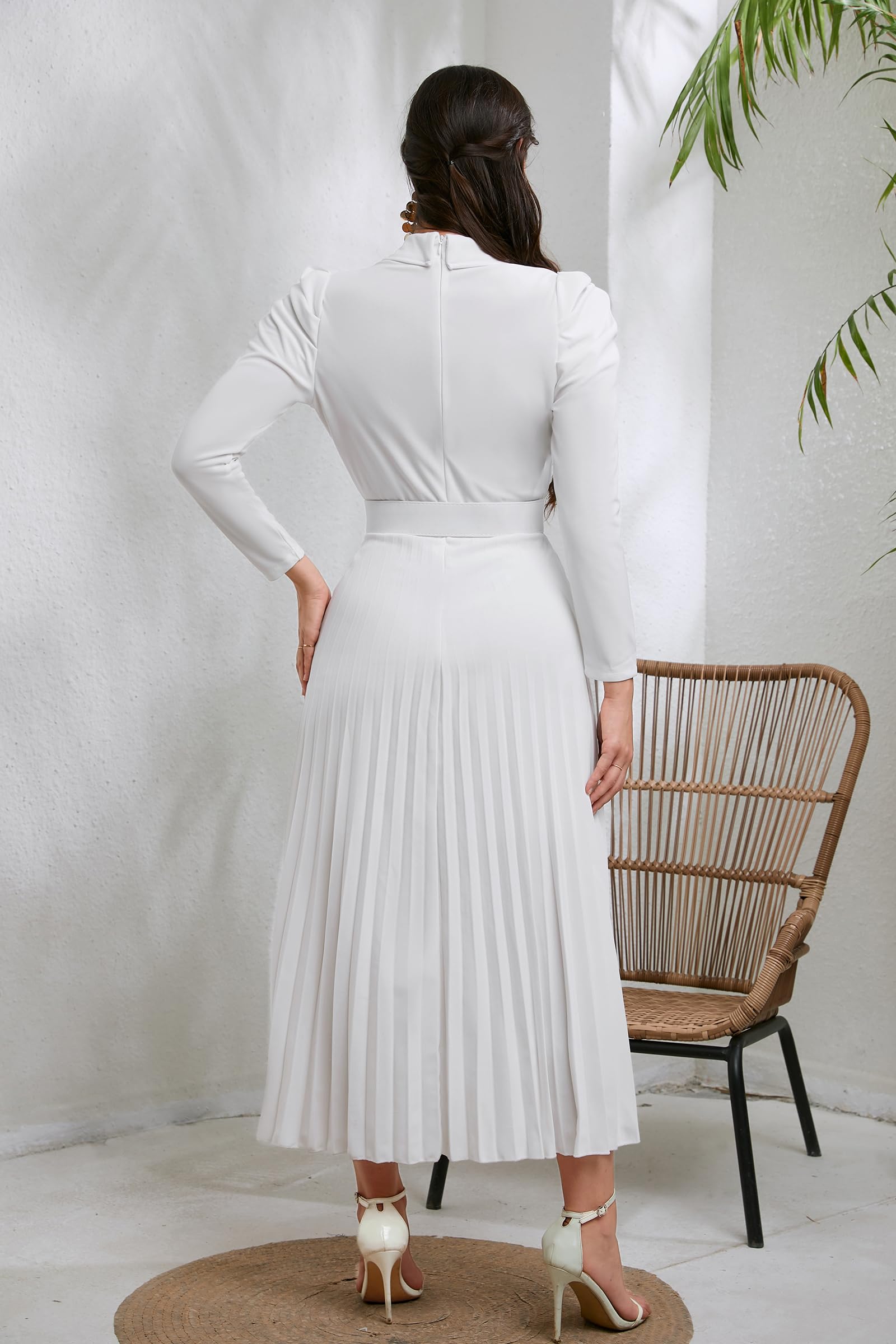Women's Elegant Long Puff Gigot Sleeve Belted Maxi Dress with V-Neck & Pleated Design - Perfect for Casual Outings, Parties, and Special Occasions