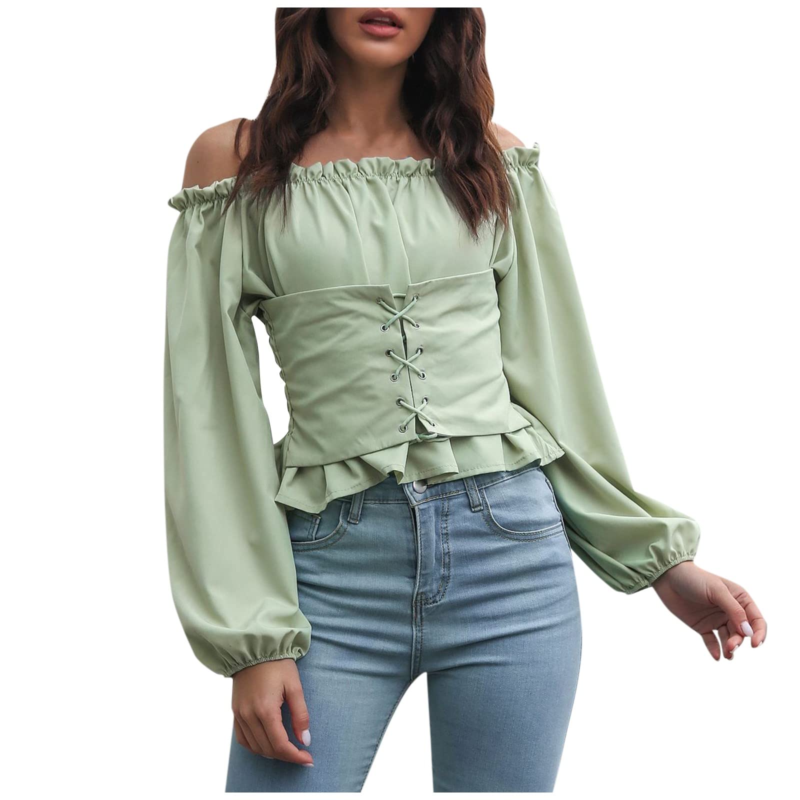 QUFECH Women's Chiffon Lantern Sleeve Tunic Top - Trendy Long Sleeve Blouse with Word Neck Design, Elegant Crop Shirt for Casual Wear, Office, Date Night & Spring Outfits