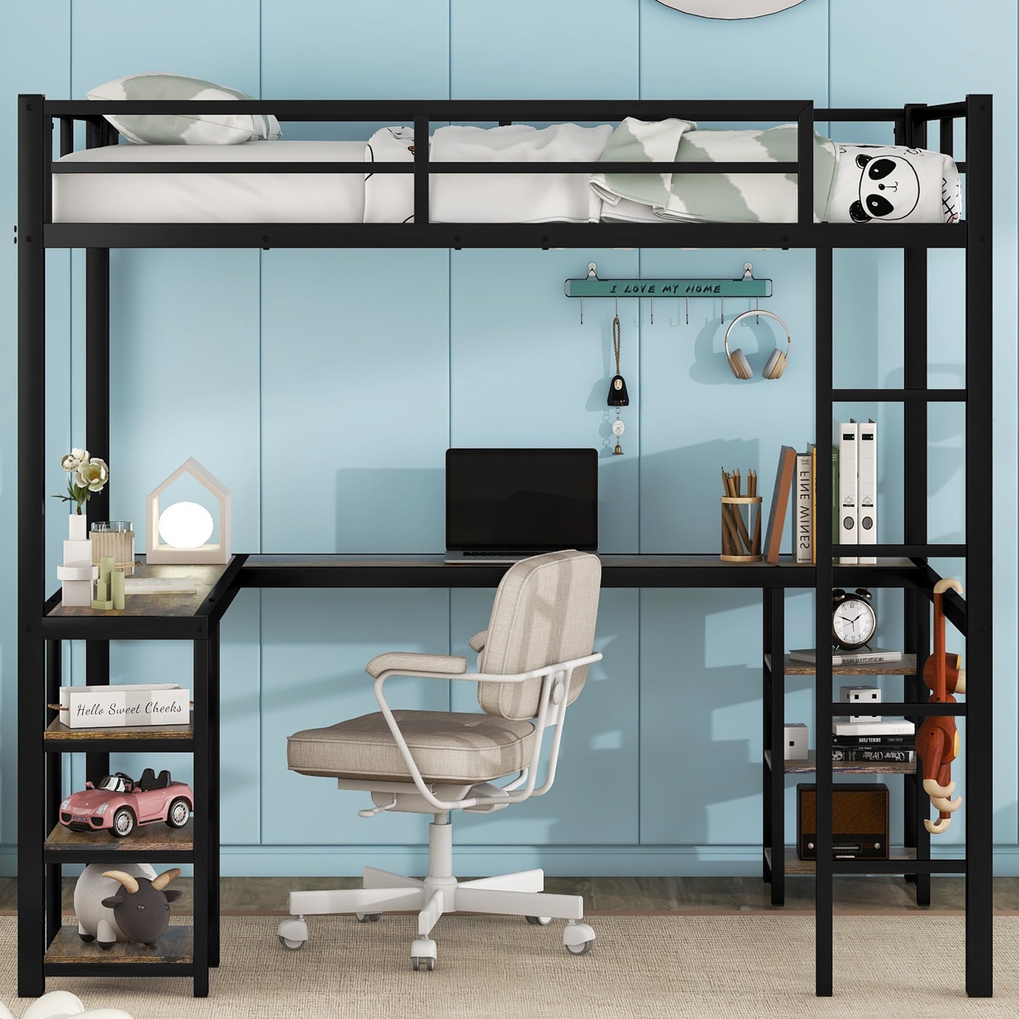 Full Size Loft Bed with L-Shaped Desk & Storage Shelves - Heavy Duty Metal Bunk Bed for Kids & Teens - Space Saving Study & Sleep Solution for Small Bedrooms - Black Full Size Loft Bed with Ladder
