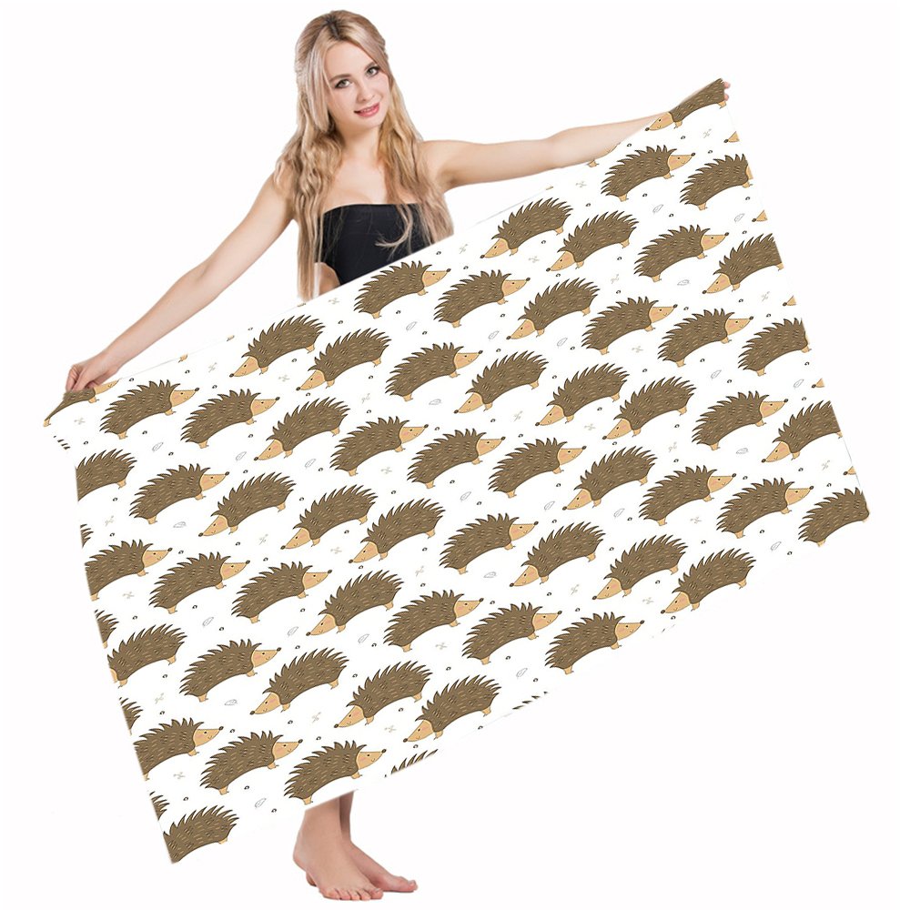 **Hedgehog Cartoon Quick-Drying Bath Towel - 32x64 Inches Soft Cotton Polyester Beach Towel for Pool, Gym, Bathroom | Cute Porcupine Leaves Design in Caramel, Pale Brown & White**    *(Perfect for beach trips, spa days, gym workouts, and cozy home use!)*