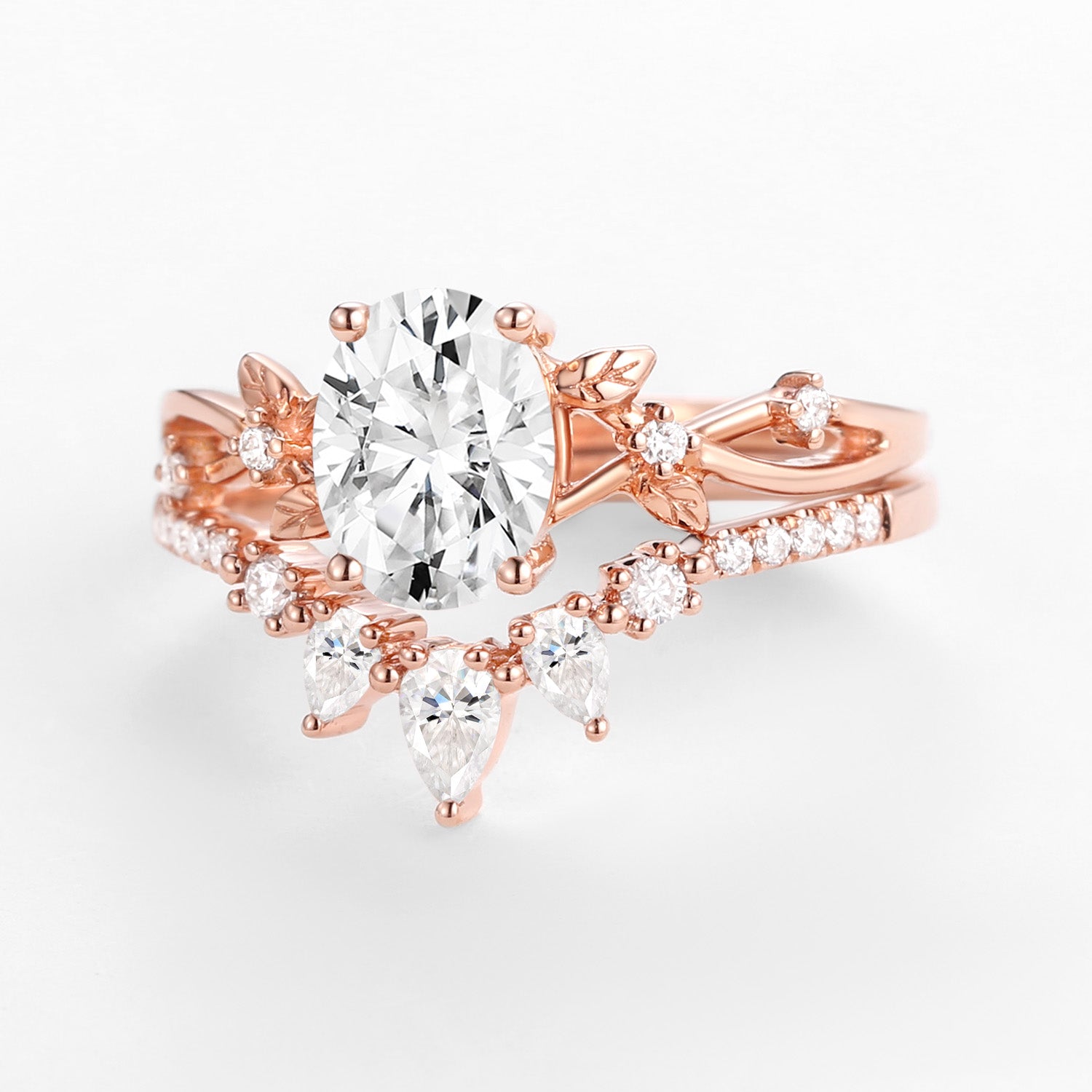 1.5ct Oval Cut Moissanite Leafy White Gold Ring Set - 2 Piece Bridal Jewelry for Engagement & Wedding - Wrenley