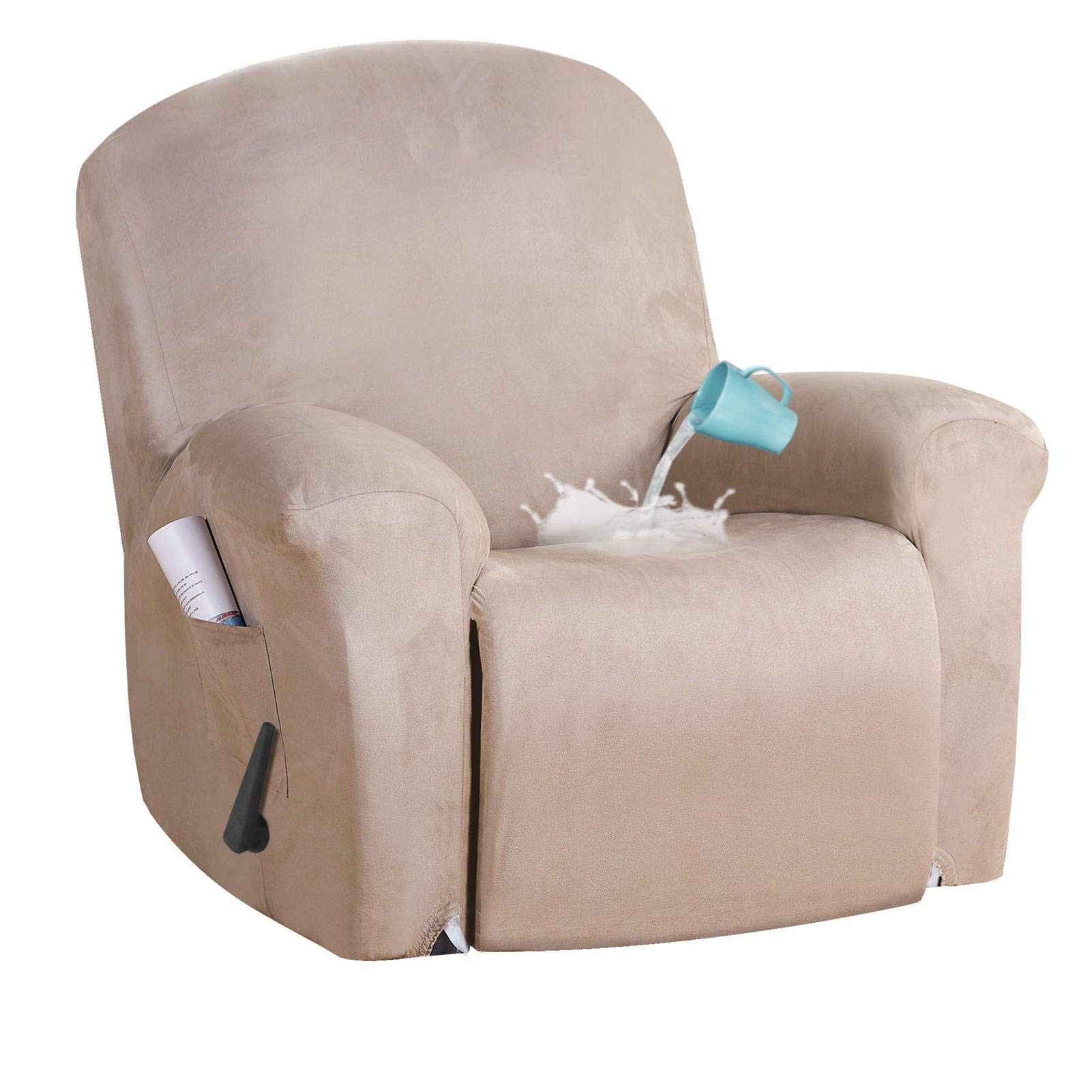 R&P Stretch Recliner Sofa Slipcover - 1 Piece Non-Slip Waterproof Couch Cover with Elastic Bottom & Storage Pockets, Washable Furniture Protector in Khaki | Perfect for Living Room, Family Room & Home Theater Seating