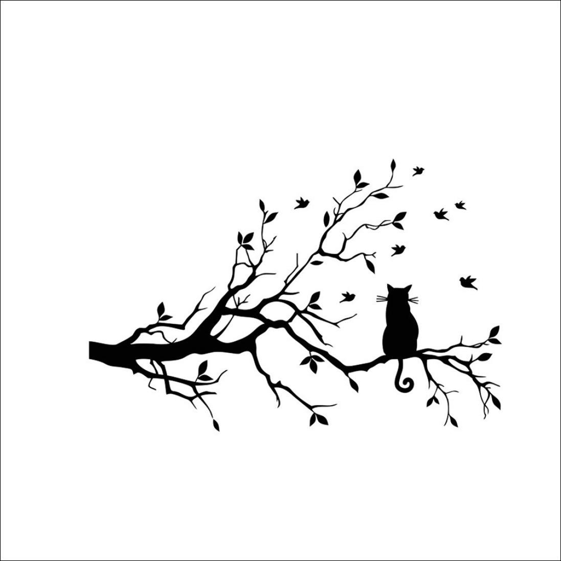 Photno Cat on Tree Branch Wall Sticker - Black Animal Cat Art Decal for Kids Room Decor | Nursery, Bedroom & Playroom Wall Art