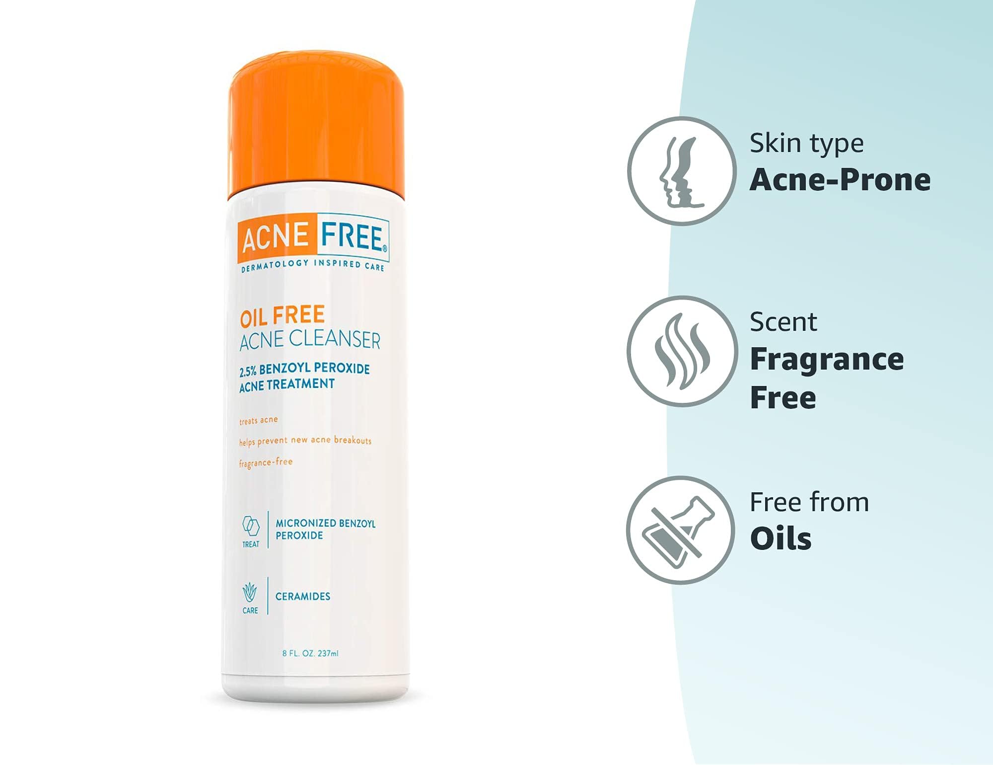 AcneFree Oil-Free Facial Cleanser with 2.5% Benzoyl Peroxide & Glycolic Acid - Acne Treatment & Prevention, Unscented 8 Fl Oz - Gentle Daily Wash for Oily, Acne-Prone Skin