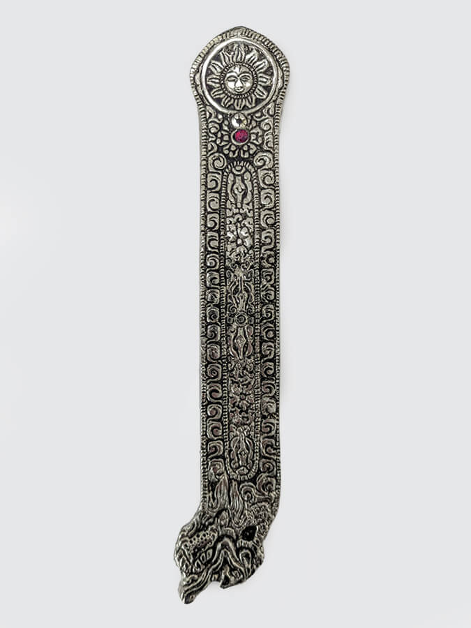 Namaste Metal Embossed Incense Holder with Stone Sun Design - Perfect for Yoga, Meditation & Spiritual Decor