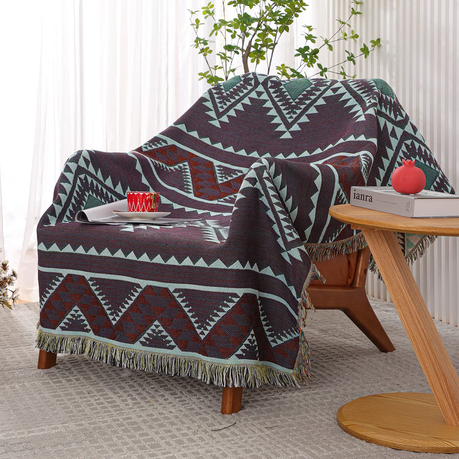 Southwest Aztec Native American Reversible Woven Blanket with Tassels - Boho Western Decor for Couch, Bed, Outdoor Camping & Travel - Perfect for Home, Picnics and Festivals