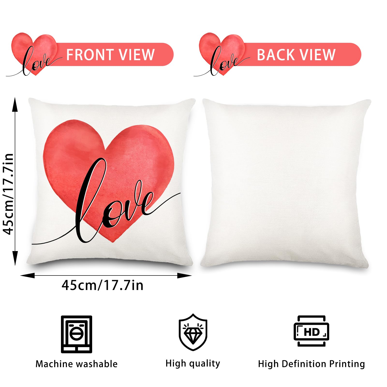 4pcs Valentine's Day Heart Pillow Covers 18x18 Inch - Romantic Love Cushion Cases for Sofa, Couch & Home Decor (Perfect for Valentine's Gifts, Anniversary & Couples Bedroom Decor)