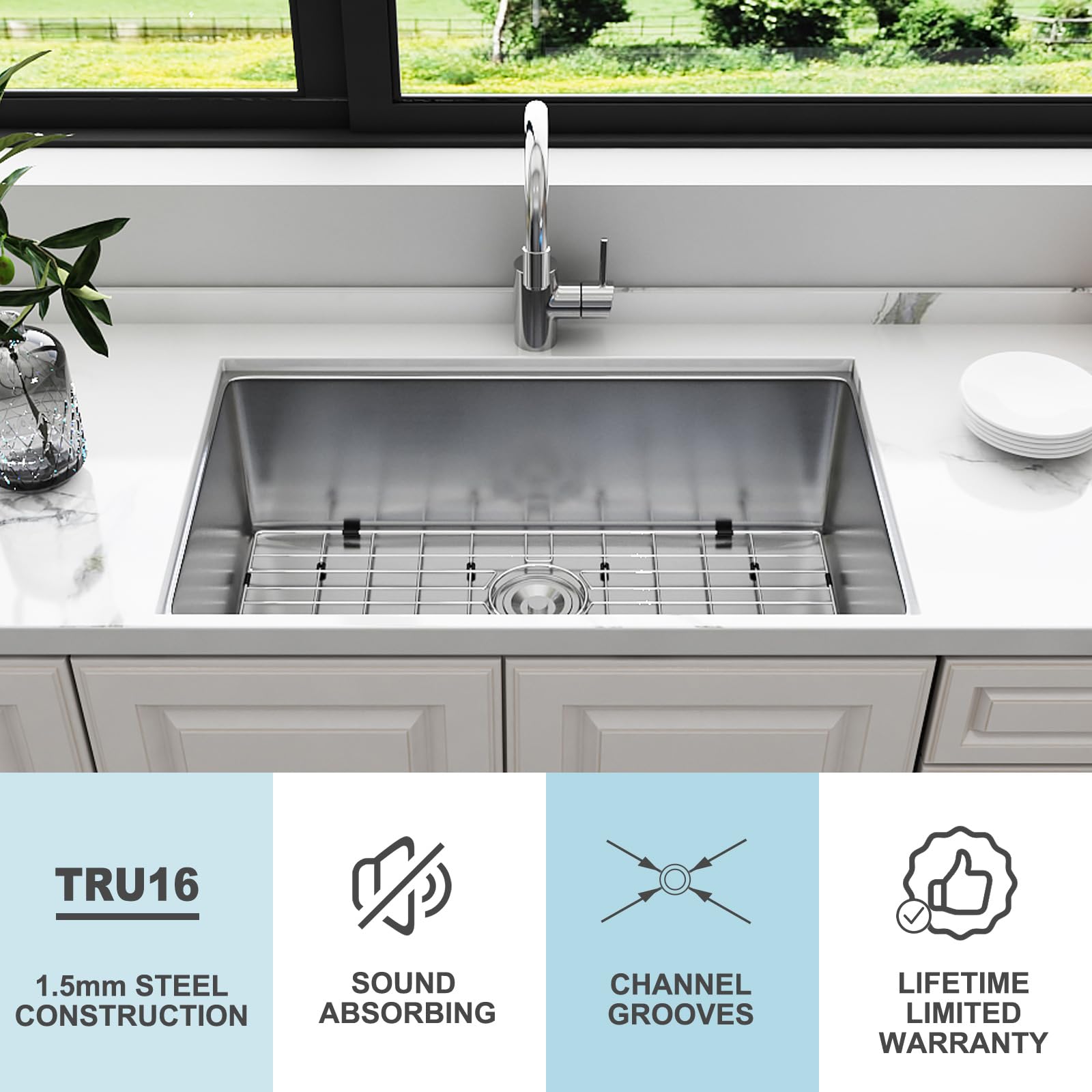 HOROW 32 Inch Undermount Kitchen Sink - 16 Gauge Stainless Steel Single Bowl Sink with Strainer & Bottom Grid - 32