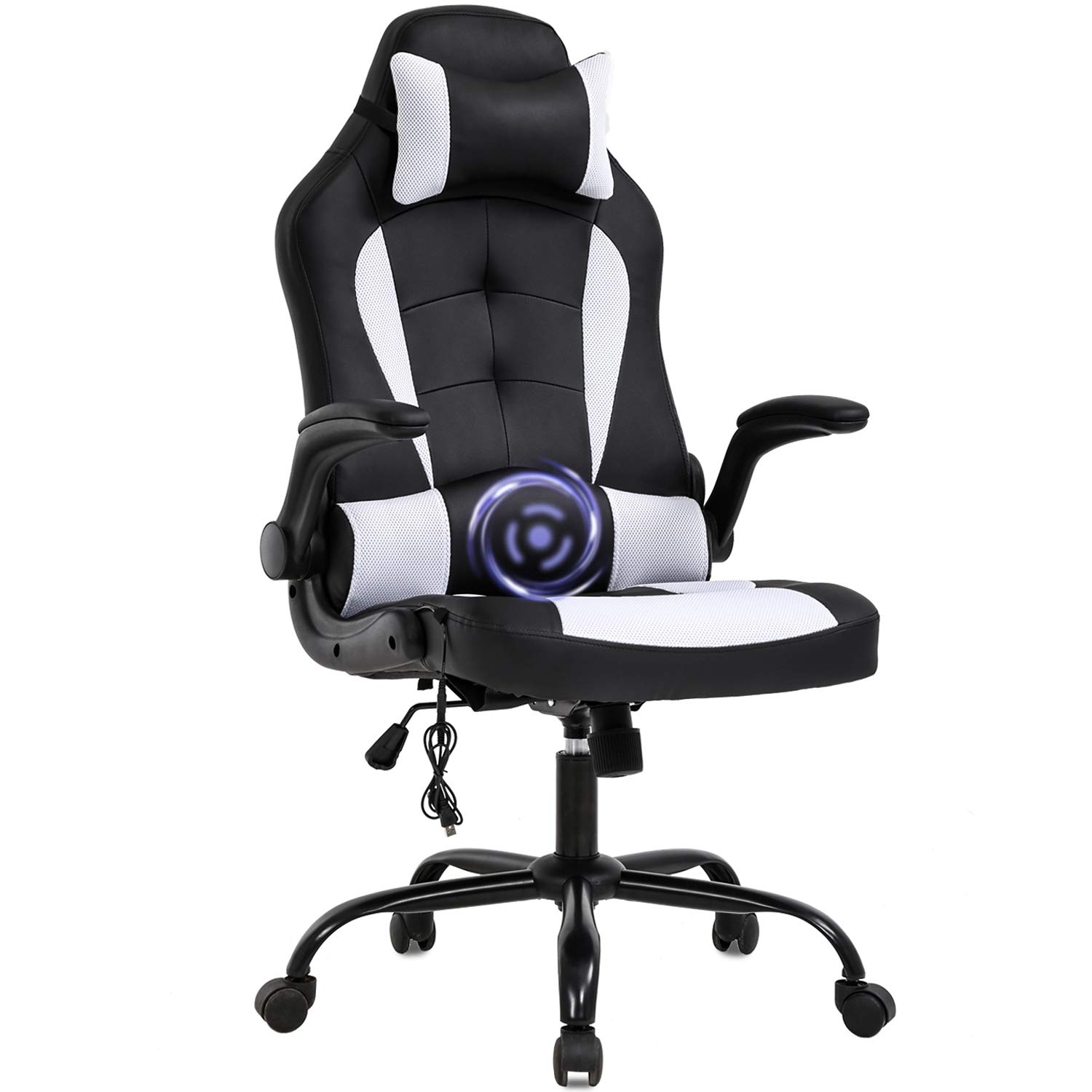 Ergonomic Massage Gaming Chair - PU Leather Office Desk Chair with Lumbar Support, Adjustable Headrest & Flip-Up Armrests, Swivel Rolling Base - Comfortable for Women & Adults (White) - Perfect for Home Office, Gaming Setup & Workstation