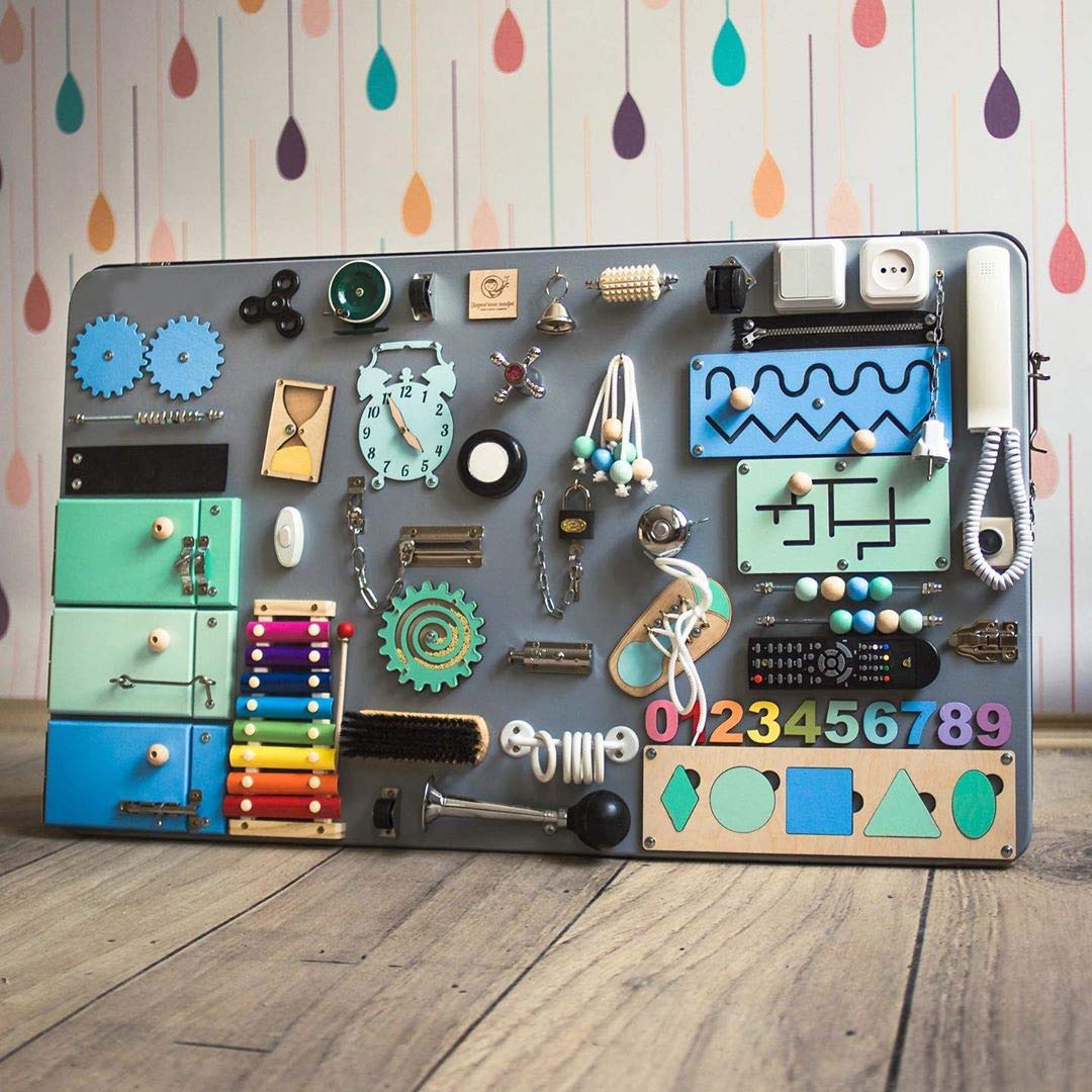 Premium SK-1 European Handmade Wooden Busy Board - Montessori Sensory Activity Toy with Locks, Latches & Clever Puzzles for Toddlers | Early Learning Developmental Toy for Fine Motor Skills | Perfect for Home, Classroom & Travel Play