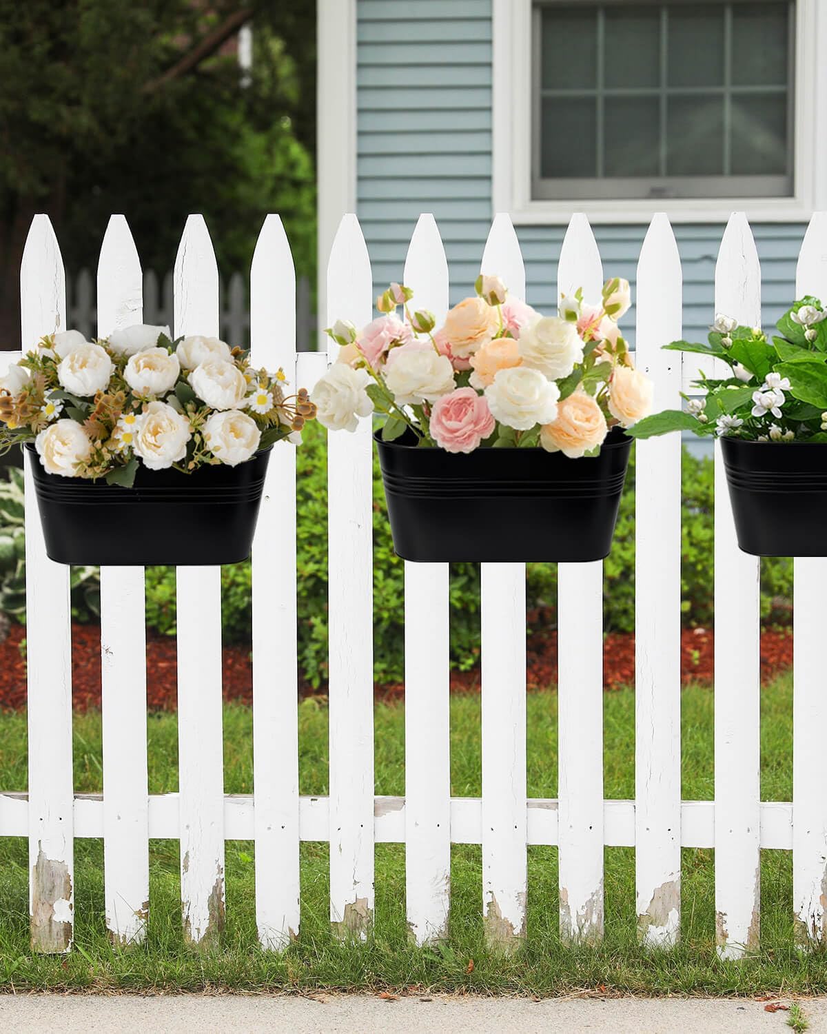 Vensovo 3-Pack Black Metal Railing Planters for Outdoor - Oval Hanging Planter Box with Detachable Hooks & Drain Holes - Perfect for Balcony, Garden Fence, Deck & Patio Decor