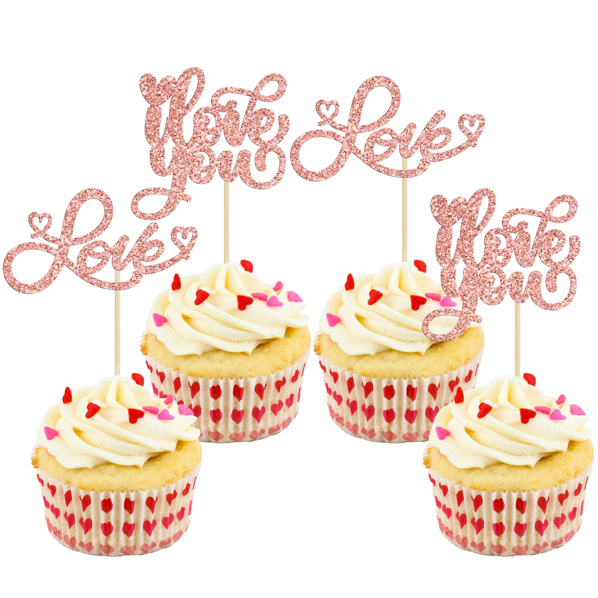 24Pcs Valentine's Day Cupcake Toppers - Glitter Sweet Love Cake Decorations for Wedding, Engagement, Bridal Shower & Birthday Parties (Rose Gold) | Romantic I Love You Cupcake Picks for Valentine's Theme Celebrations