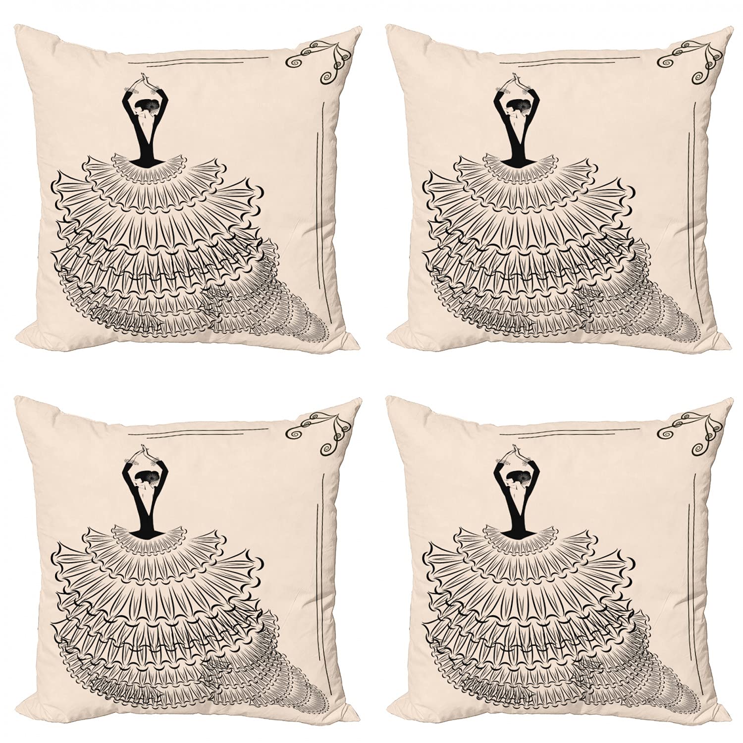 Ambesonne Spanish Flamenco Dancer Throw Pillow Covers Set of 4 - 24 Inch Black Eggshell Cushion Cases with Double-Sided Digital Print | Classic Historical Costume Design | Perfect for Living Room, Bedroom & Home Decor