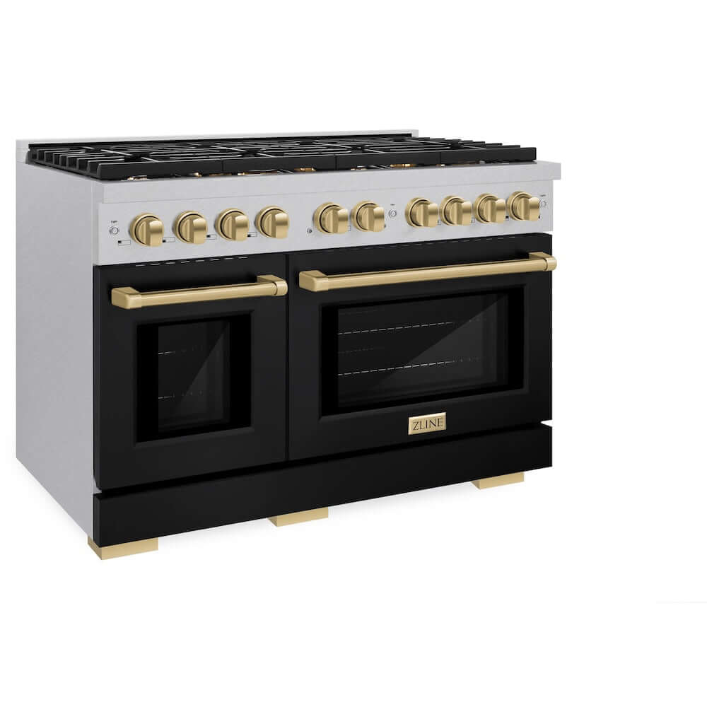 ZLINE Autograph Edition 48-inch 6.7 cu. ft. Double Oven Gas Range with 8 Burner Cooktop - Satin Stainless Steel, Black Matte Doors & Champagne Bronze Accents (SGRSZ BLM 48 CB) | Professional Kitchen Appliance for Home Chefs & Cooking Enthusiasts