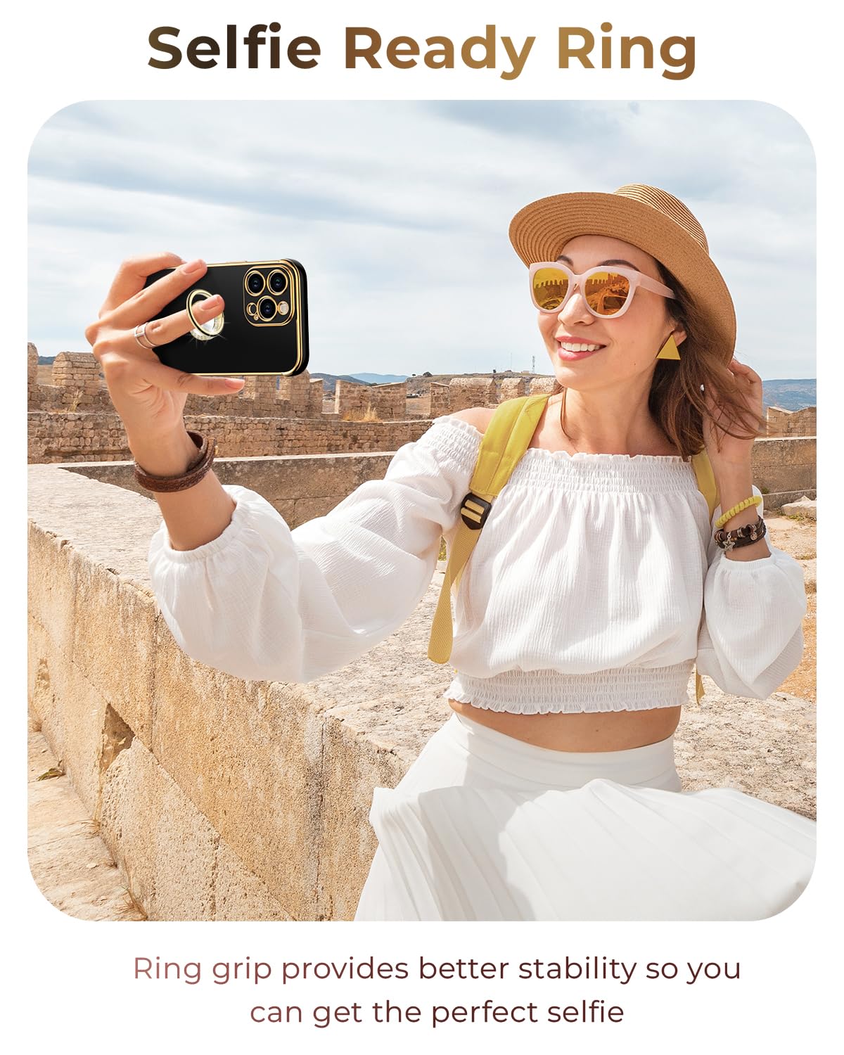 Premium Luxury Electroplated iPhone 15 Pro Case with Ring Holder Stand & Lanyard - Soft TPU Shockproof Protective Cover for Women & Girls (Black) | Perfect for Work, Travel, and Everyday Use