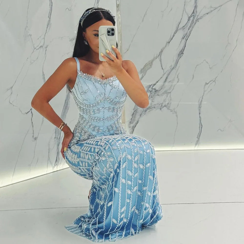 Luxury Dubai Arabic Blue Spaghetti Strap Mermaid Gown - Beaded Saudi Evening Dress for Formal Occasions, Weddings, Prom & Special Events LA72725