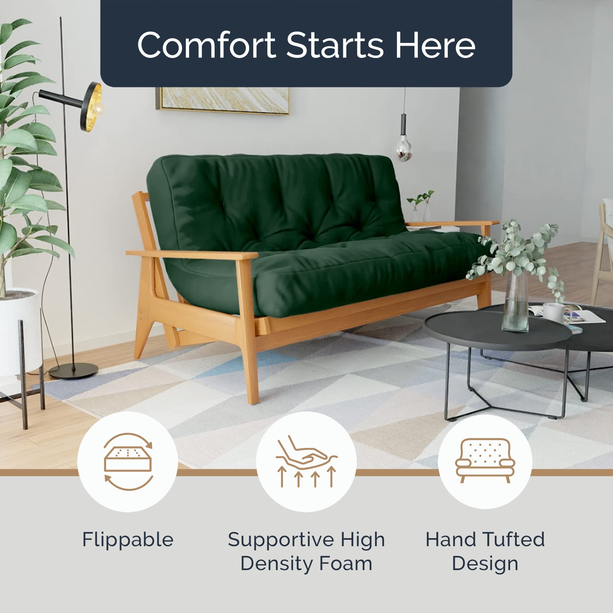 Loosh Queen Size Sofa Bed Futon Mattress - 10 Inch Thick, Dark Green, Made in USA (Frame Not Included) - Perfect for Guest Rooms, Small Apartments & Dorm Rooms