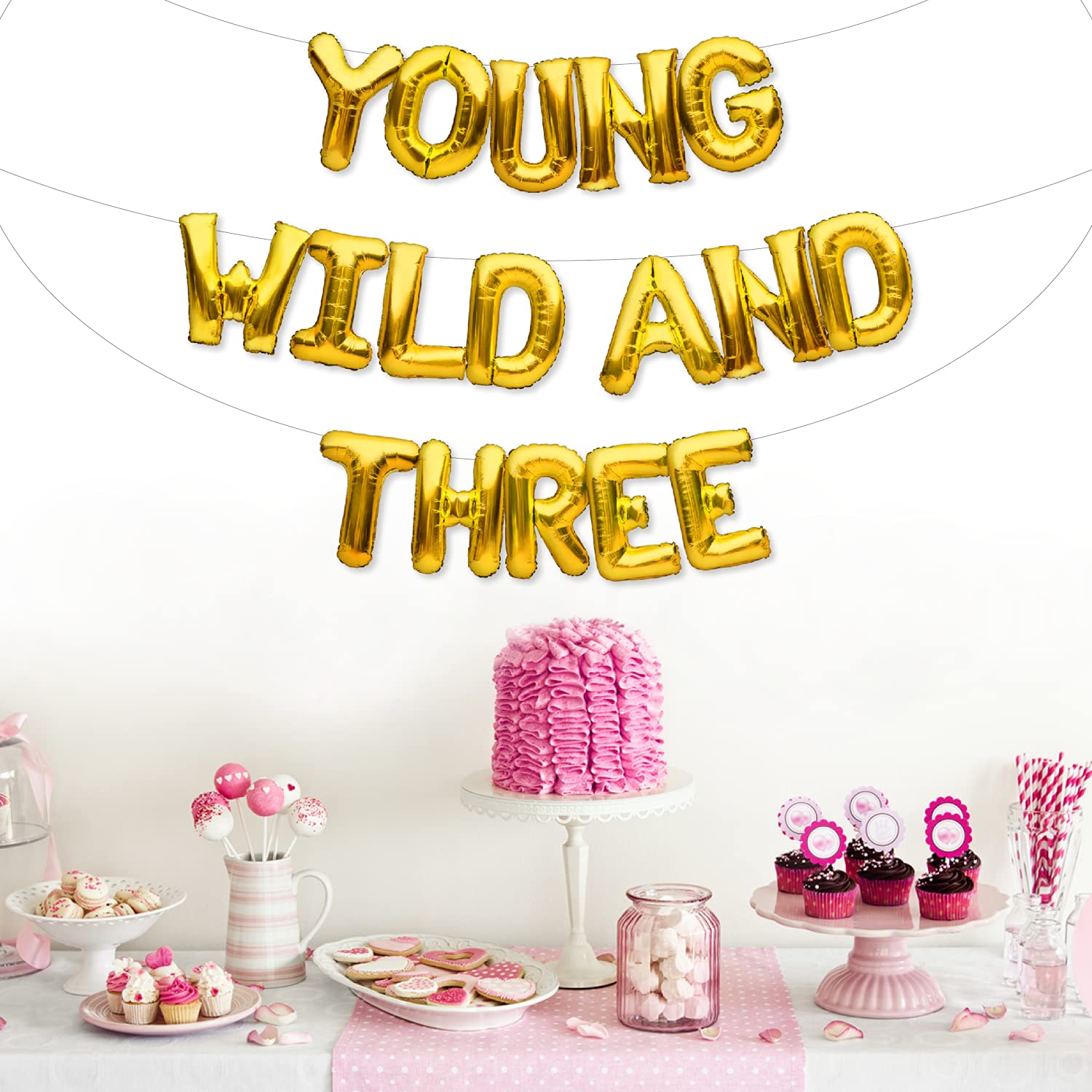 Gold Themed 3rd Birthday Party Decorations - Young Wild & Three Balloon Banner for Birthday Celebrations, Baby Showers & Special Events