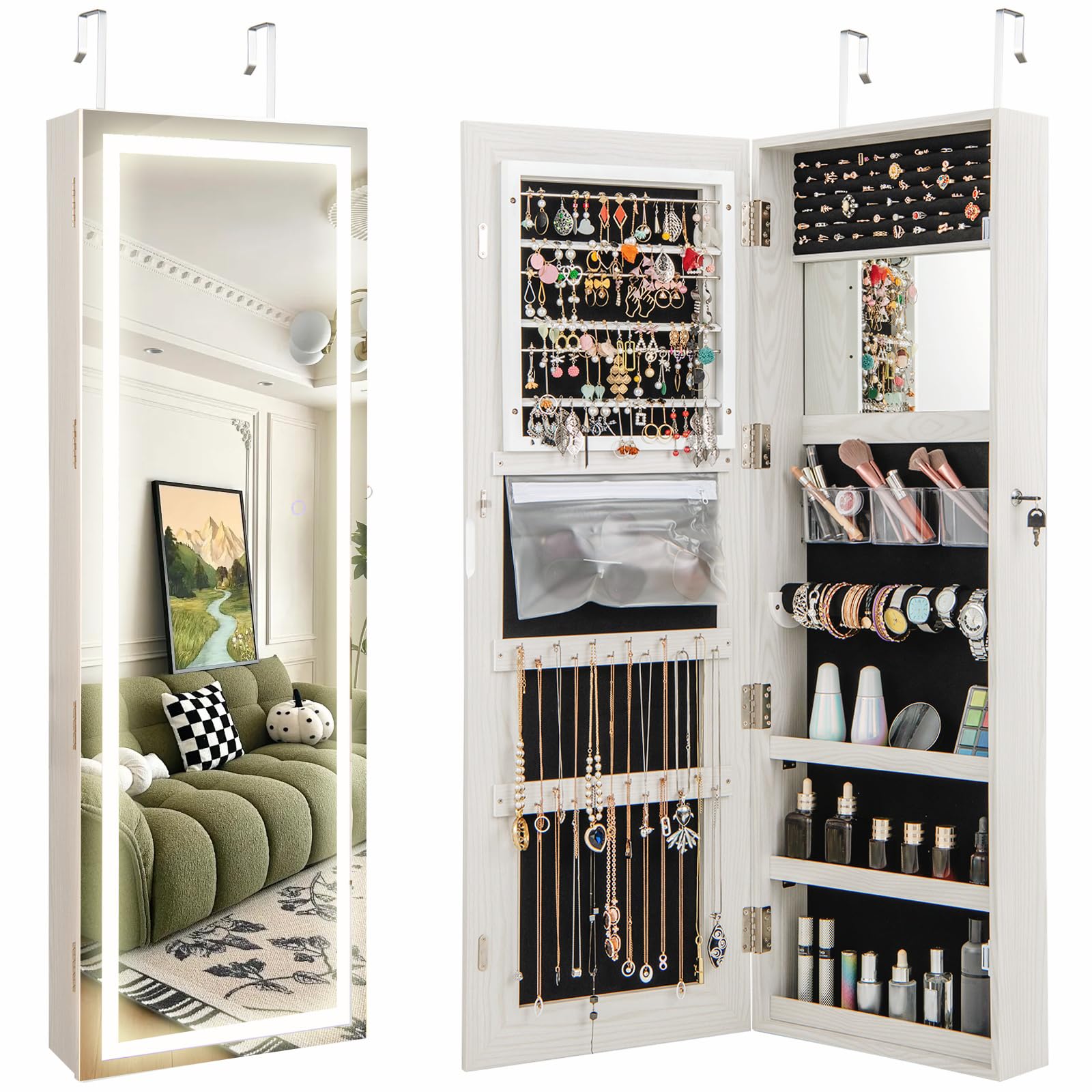 CHARMAID LED Mirror Jewelry Cabinet - 47.2 Inch Adjustable Lighted Full Length Mirror, Wall Mount or Door Mount Jewelry Armoire with Lock, Jewelry Organizer Storage for Bedroom, Closet & Dressing Room (Grayish White, 47.2 Inches Height)