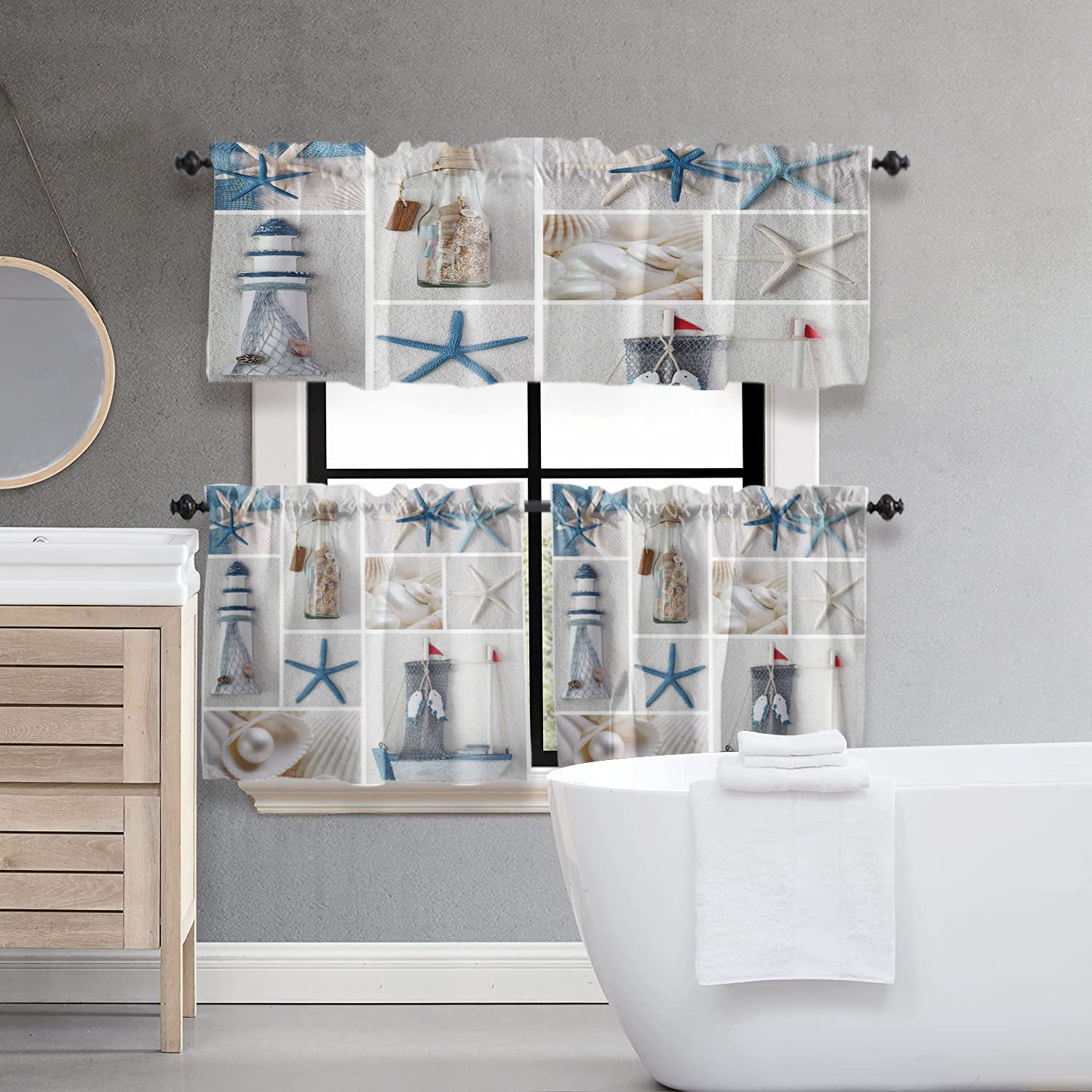 Chucoco 3-Piece Kitchen Curtain Set with Rod Pocket - Nautical Starfish Lighthouse Sailboat Design for Small Windows | Perfect for Beach House Decor & Coastal Themed Kitchens