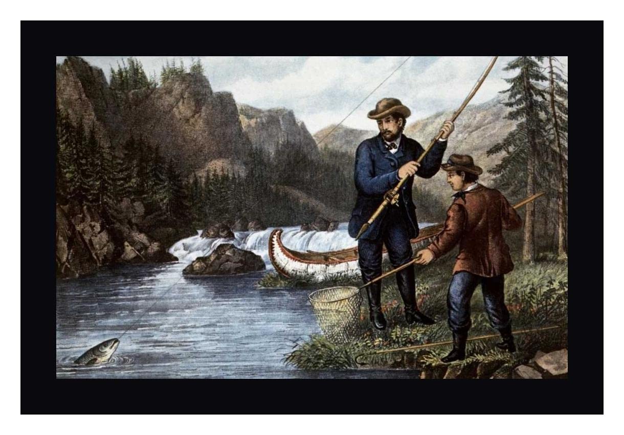 Salmon Fishing by Currier and Ives - 17x24 Inch Framed Canvas Wall Art Print with Black Wood Frame - Ready to Hang - Perfect for Living Room, Office or Cabin Decor