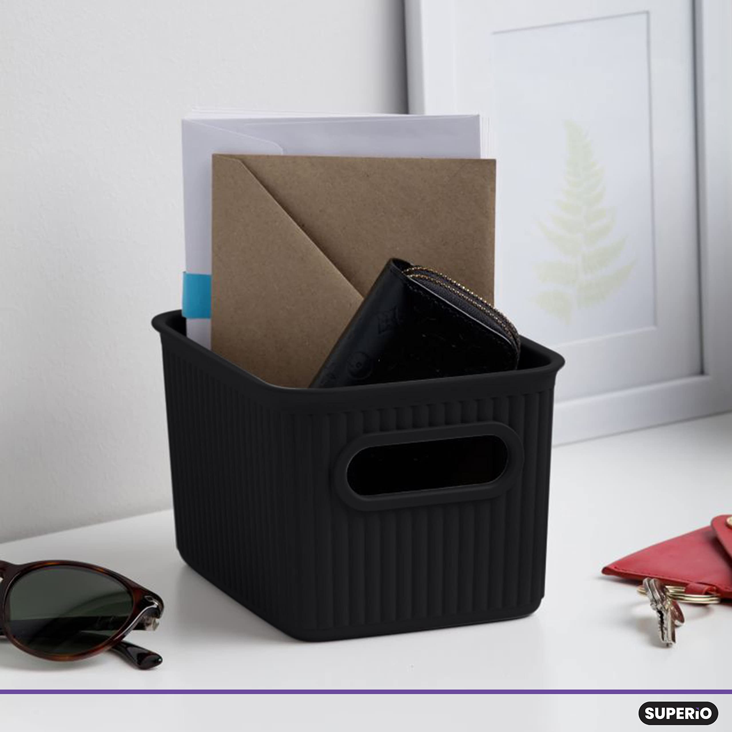 Superior Ribbed Plastic Storage Bins - 2 Pack Small Brown Organizer Baskets for Home, Closet, Shelves & Drawers | 1.5L Decorative Open Container Boxes | Perfect for Bedroom, Bathroom & Office Organization