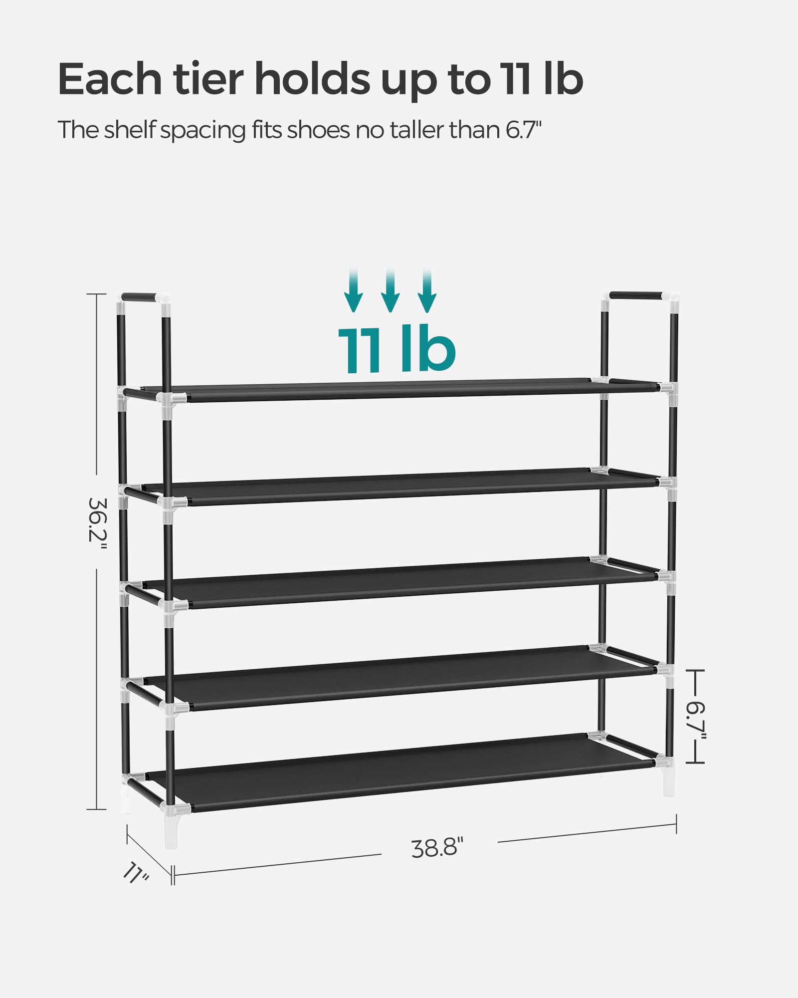 SONGMICS 5-Tier Shoe Rack Organizer - Space Saving Metal Frame Shoe Storage with Non-Woven Fabric Shelves for Hallway, Closet, Entryway - Black (ULSH55H) - Perfect for Small Spaces & Apartment Living