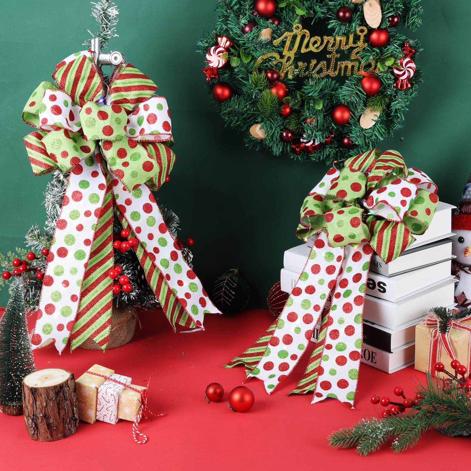 2 Pack Large Lighted Christmas Bows for Wreath Decor - 20x12 Inch Red & Green Glitter Dot Tree Topper Bows for Holiday Decorations - Perfect for Christmas Wreaths, Mantels, Gift Wrapping & Festive Home Decor