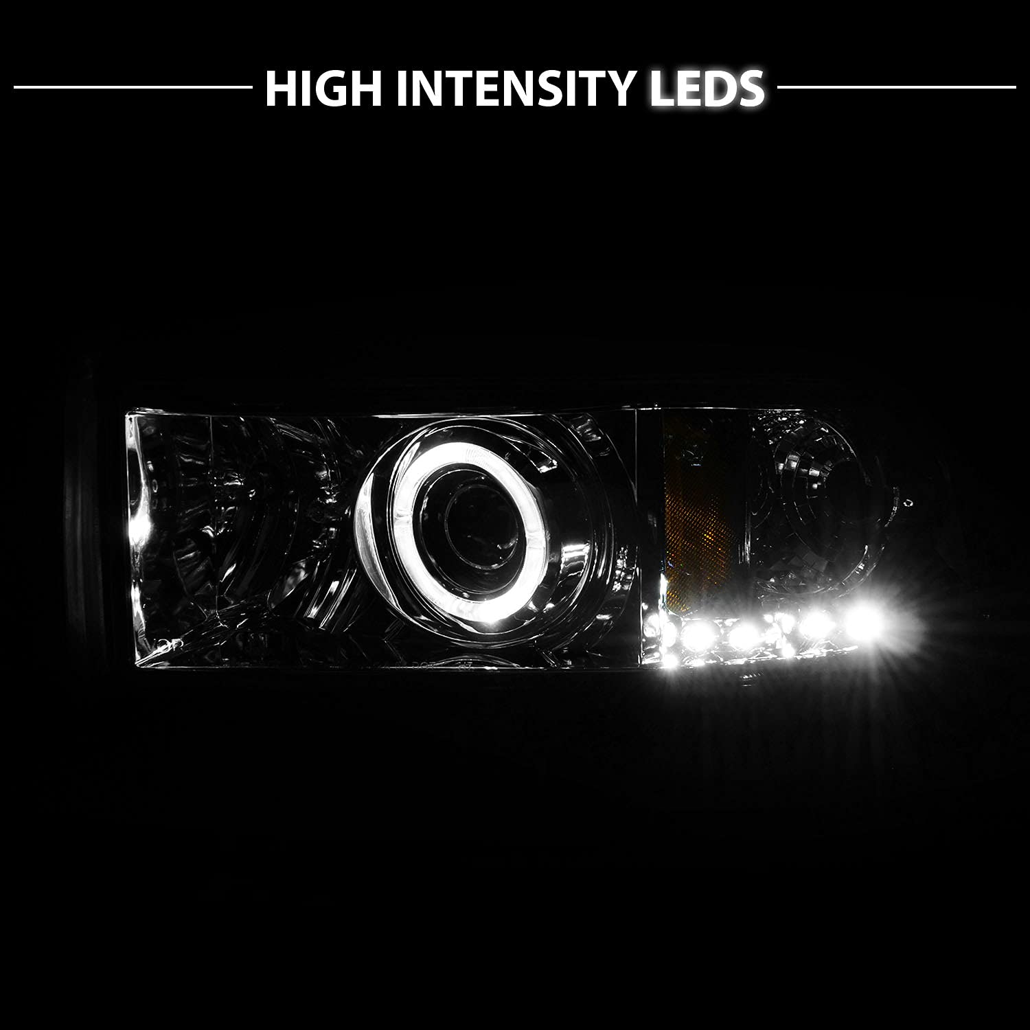 1994-2001 Dodge Ram 1500 2500 3500 Pickup Truck Black LED Halo Projector Headlights Assembly Set - Passenger & Driver Side Replacement for Improved Night Visibility | Off-Road Driving & Urban Commuting