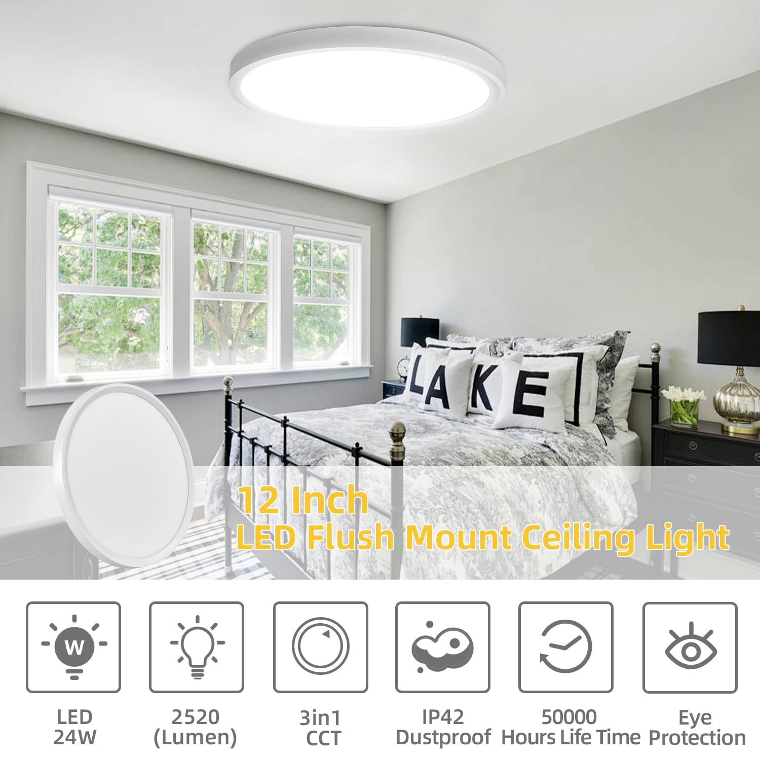 4 Pack 12 Inch Ultra-Slim Low Profile LED Ceiling Light Fixture - Dimmable Round Flat Panel Light with 3 Color Temperatures (3000K/4000K/5000K) - Perfect for Bedroom, Living Room, Hallway, Bathroom and Kitchen Lighting