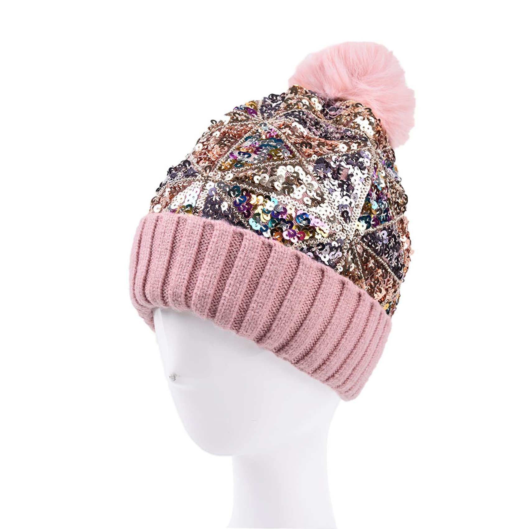 BOLLEY JOSS Women's Winter Beanie Hat with Glitter Sequins & Faux Fur Pom Pom - Colorful Knit Skull Cap for Skiing, Snowboarding & Cold Weather Fashion