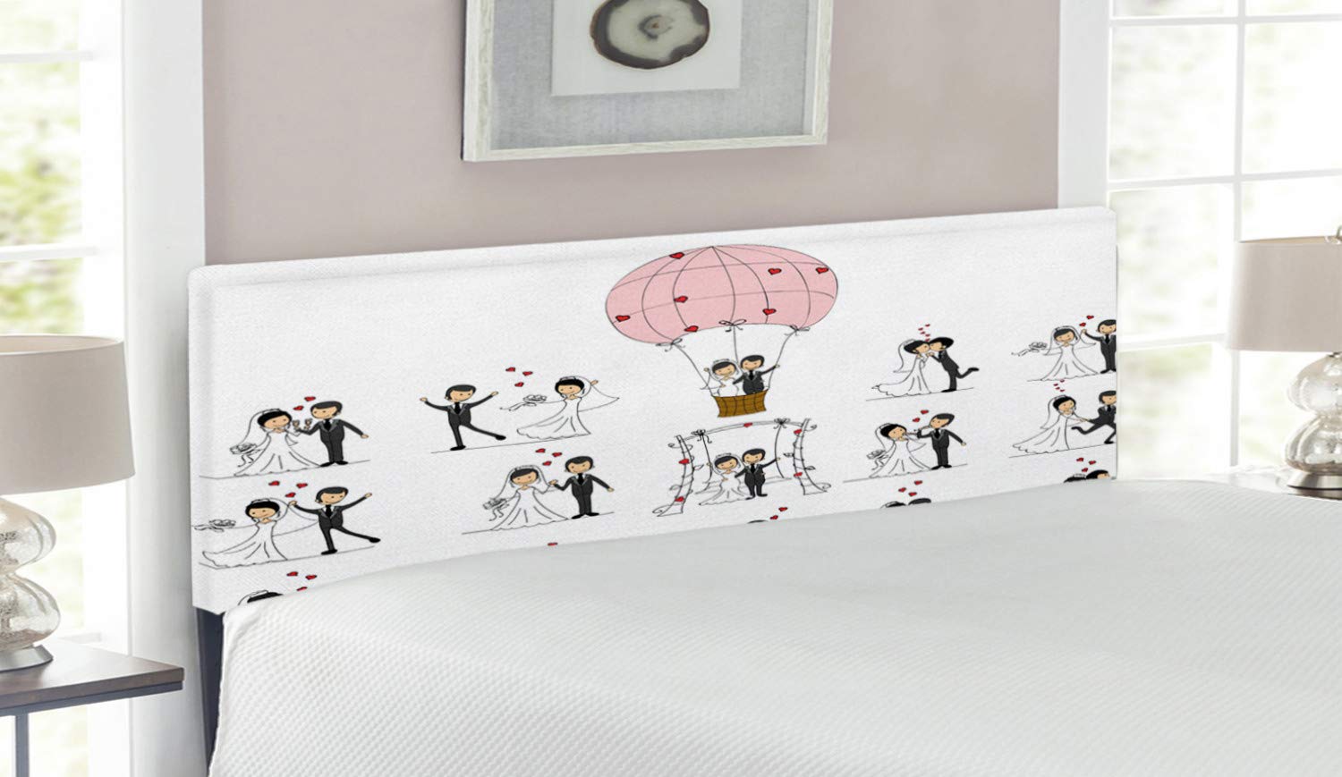 Ambesonne Comic Style Bride & Groom Wedding Headboard - Upholstered Decorative Metal Bed Frame with Memory Foam - Queen Size White Black Pink Headboard for Honeymoon Suite & Master Bedroom Decor