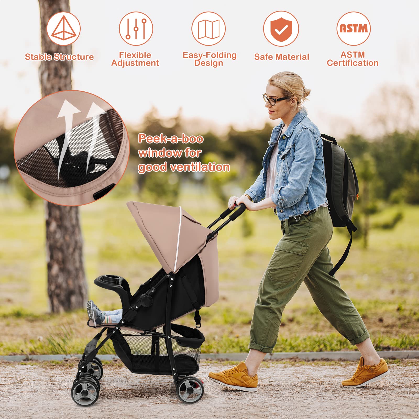 HONEY JOY Lightweight Compact Travel Stroller for Toddlers & Infants - Adjustable Canopy, Reclining Backrest, Storage Basket - Airplane Approved Foldable Umbrella Stroller (Coffee) - Perfect for Air Travel, Shopping, and Daily Walks