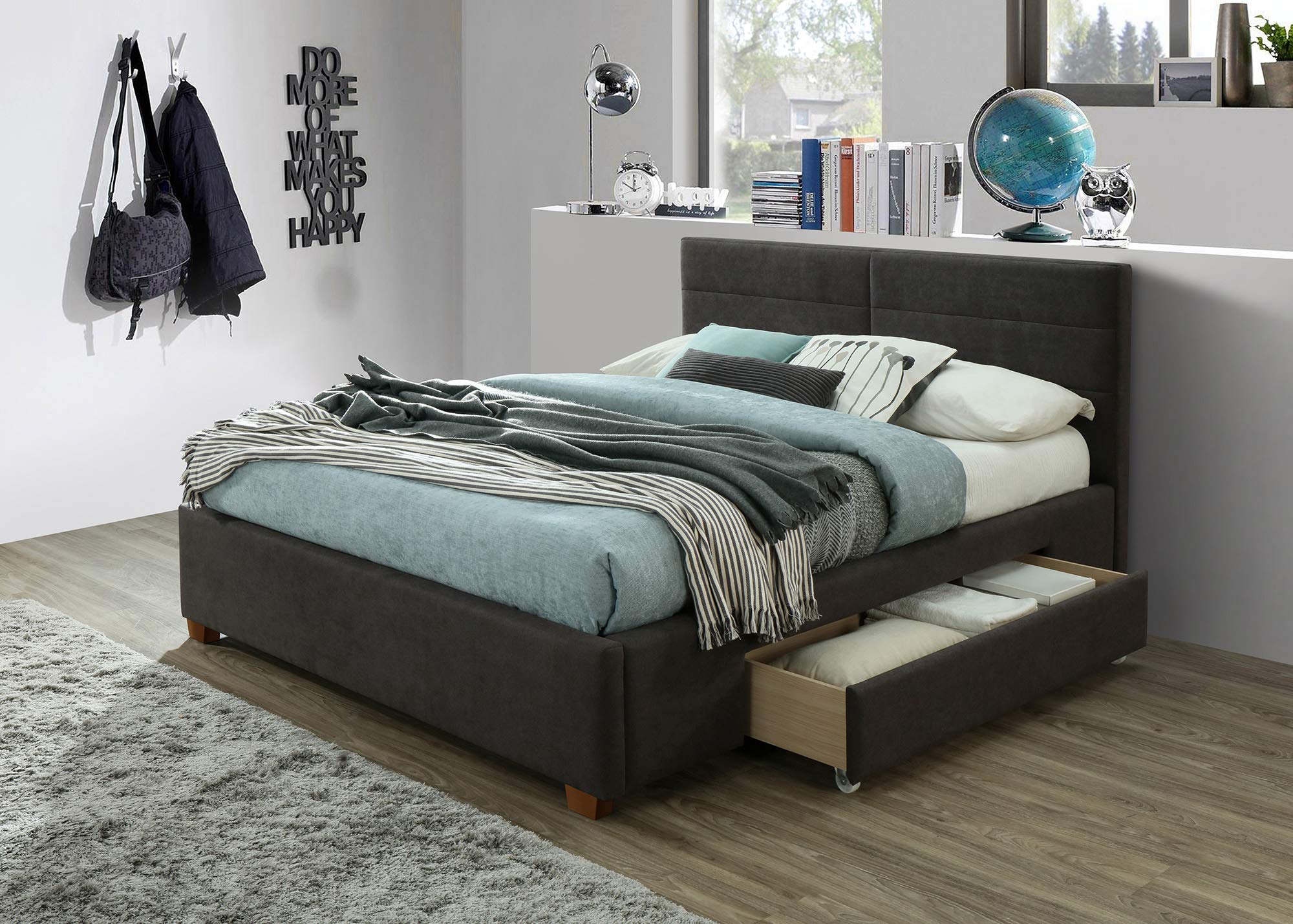 Upholstered Queen Size Platform Storage Bed with Headboard - Charcoal Gray Fabric for Modern Bedroom & Guest Room