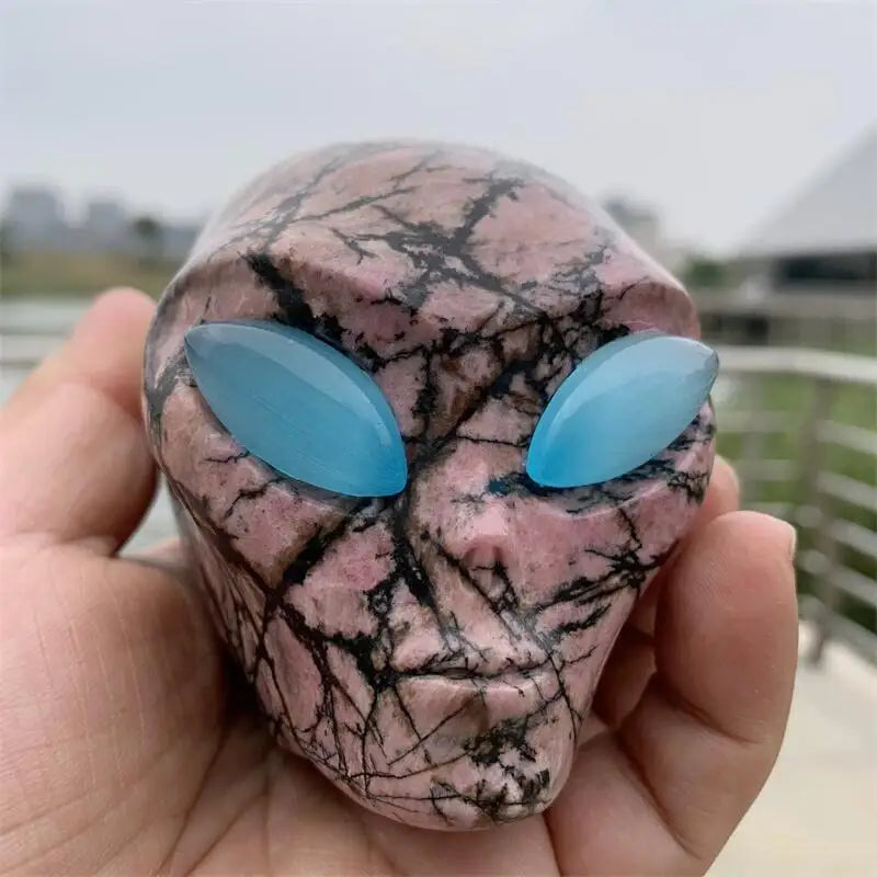 1PC Natural Polished Rhodonite Crystal Alien Skull Carving - Reiki Healing Stone, Feng Shui Decor, Unique Mineral Specimen for Home, Office & Meditation Space