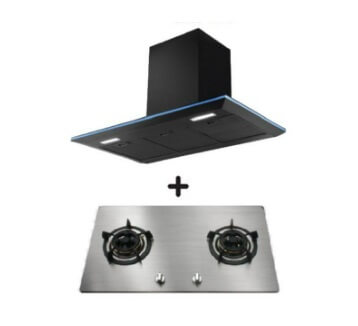 Ellane EH 2690 90cm Black Designer Chimney Range Hood with Ellane OS 802SV 86cm 2-Burner Stainless Steel Gas Cooktop - Modern Kitchen Ventilation & Cooking Solution for Home Chefs